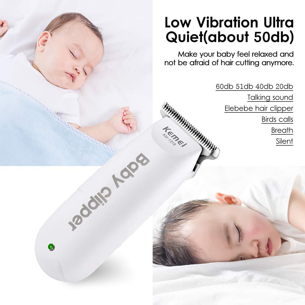 Ein weißer Babyhaarschneider und zwei schlafende Babys im Hintergrund mit Text.