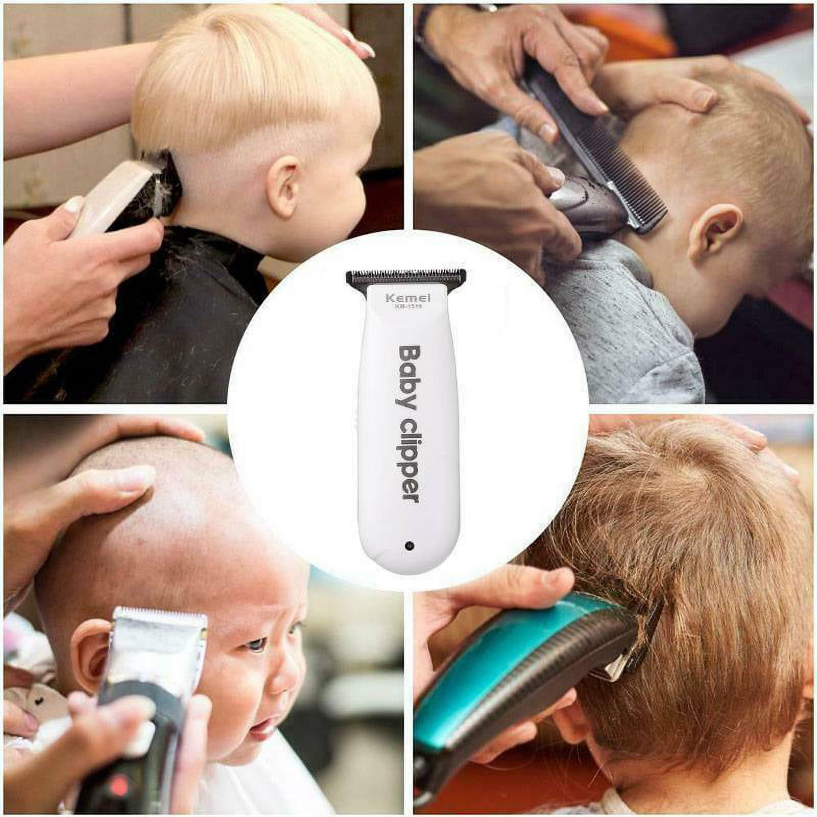 Ein weißer Haarschneider mit Aufschrift 'Baby clipper' und vier Bildern von Kindern, die geschnitten werden.