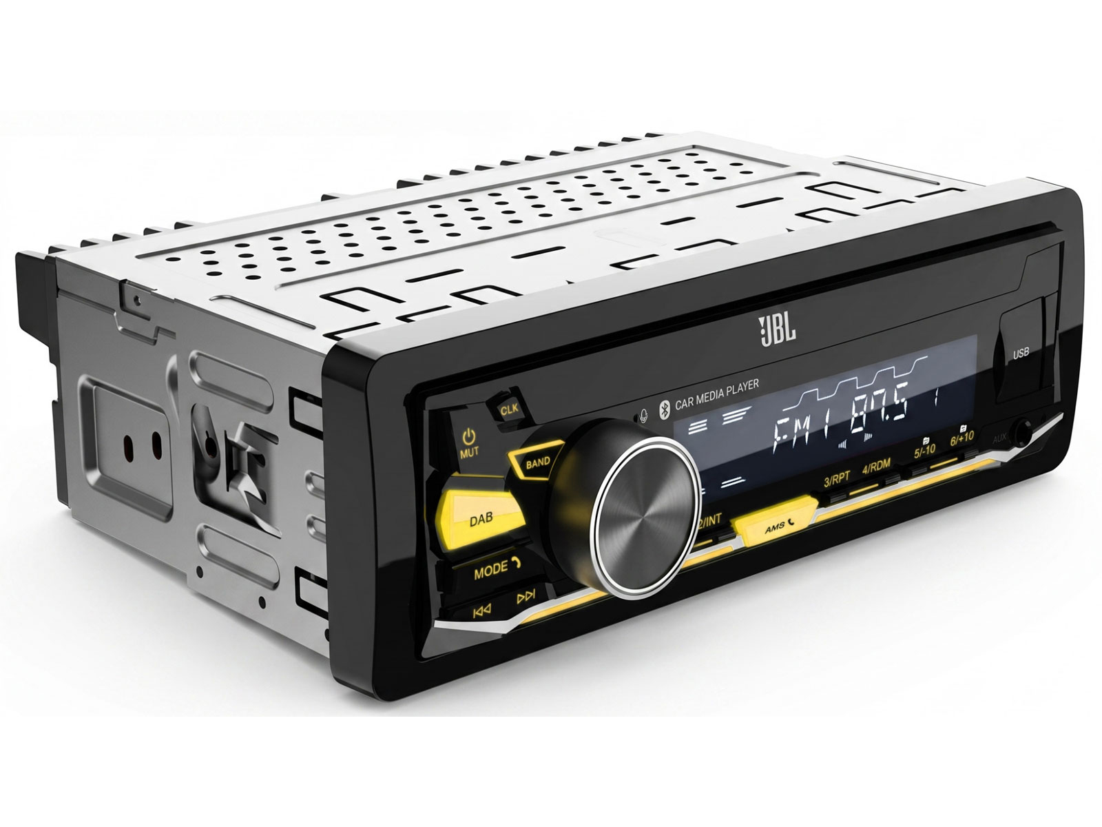 Ein JBL Autoradio mit digitalem Display, großen Drehregler und beleuchteten gelben Tasten.