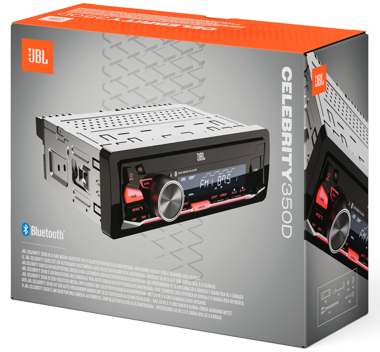 JBL Celebrity 350D Autoradio in der grauen Produktverpackung mit rotem Akzent.