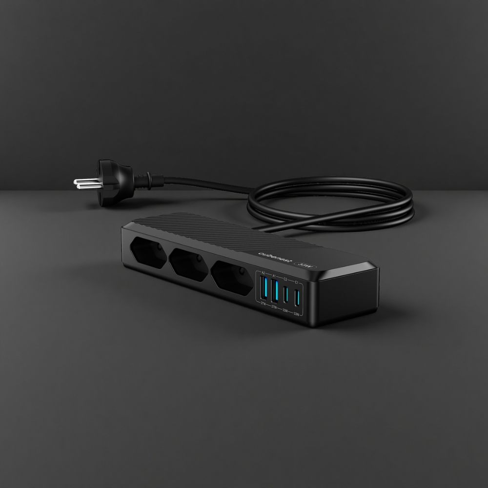 Schwarze Steckdosenleiste mit USB-Anschlüssen und Kabel auf dunklem Hintergrund.