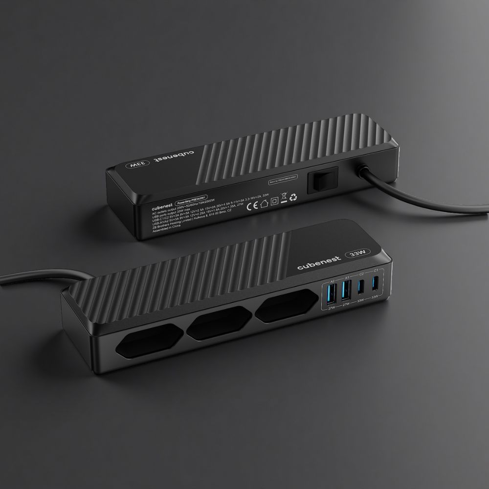 Zwei schwarze Cubenest Steckdosenleisten mit USB-Anschlüssen auf dunklem Untergrund.