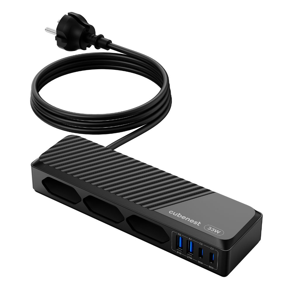 Schwarze Cubenest-Steckdosenleiste mit USB-Anschlüssen und Netzkabel.