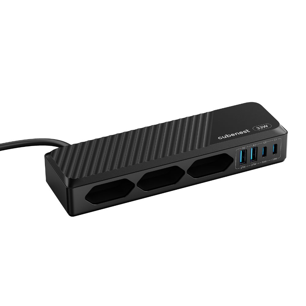 Schwarze Cubenest Steckdosenleiste mit USB-Anschlüssen und Kabel auf weißem Hintergrund.