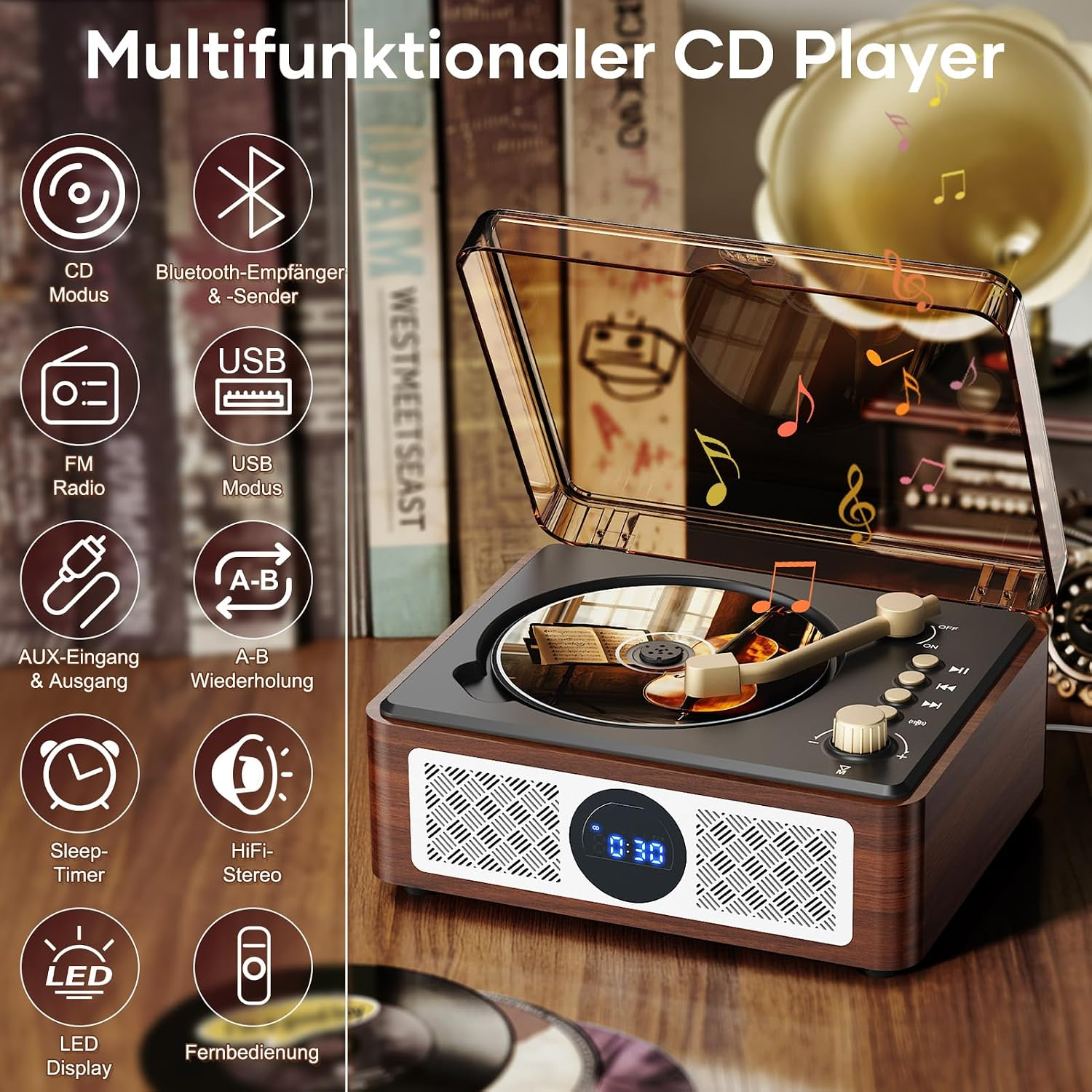 Ein Holz-CD-Player mit Glasabdeckung und leuchtenden Noten, umgeben von Funktionssymbolen und Büchern.