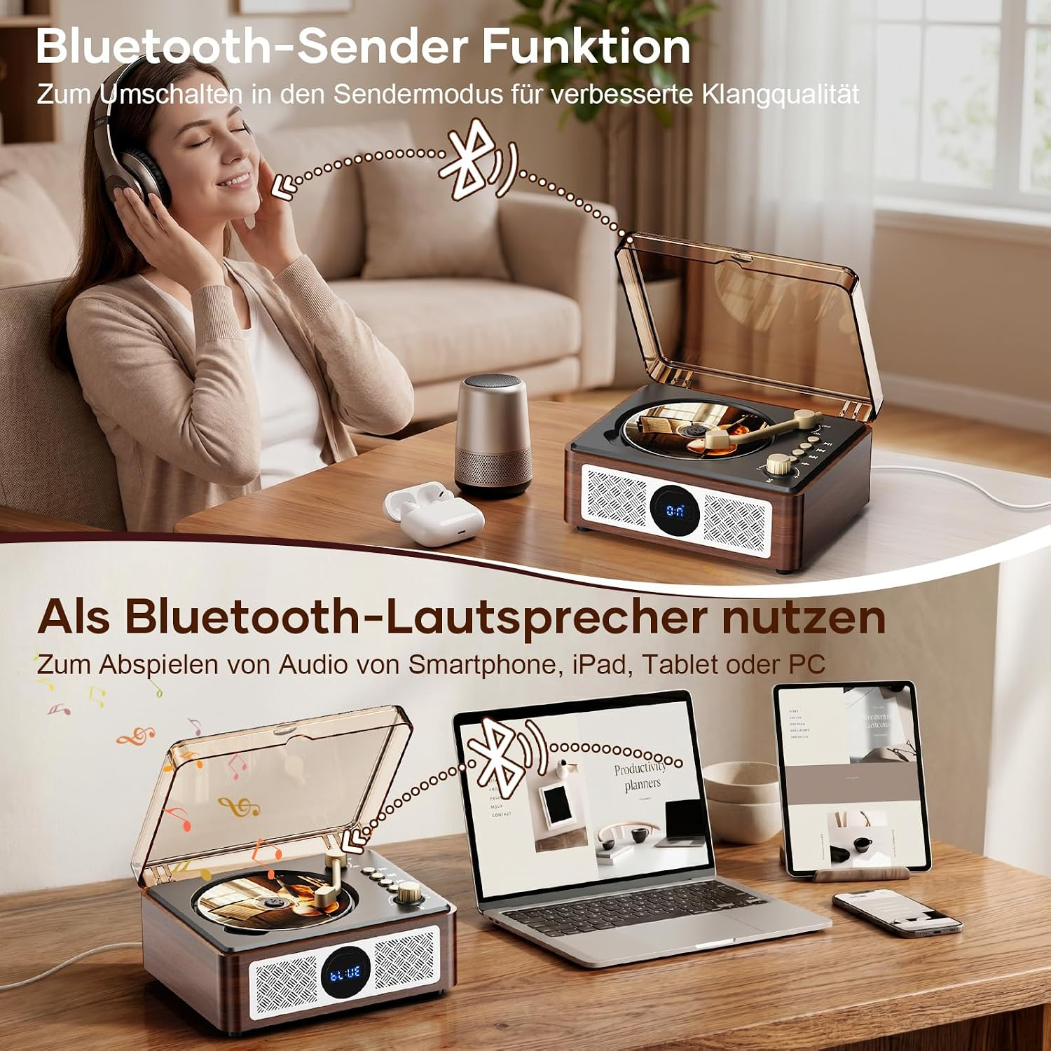 Ein Plattenspieler sendet Bluetooth-Audio an Kopfhörer und empfängt Audio von einem Laptop.