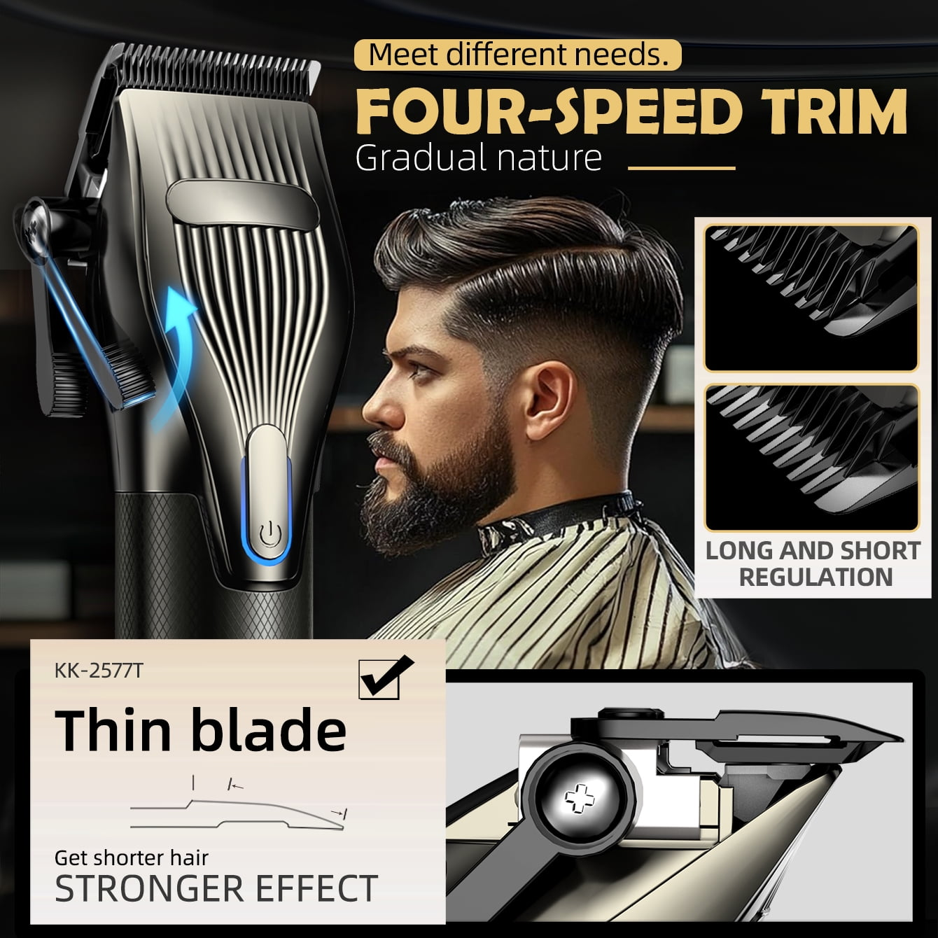 Haarschneidemaschine mit vier Geschwindigkeiten, Klingendetails und Mann mit modischem Haarschnitt.