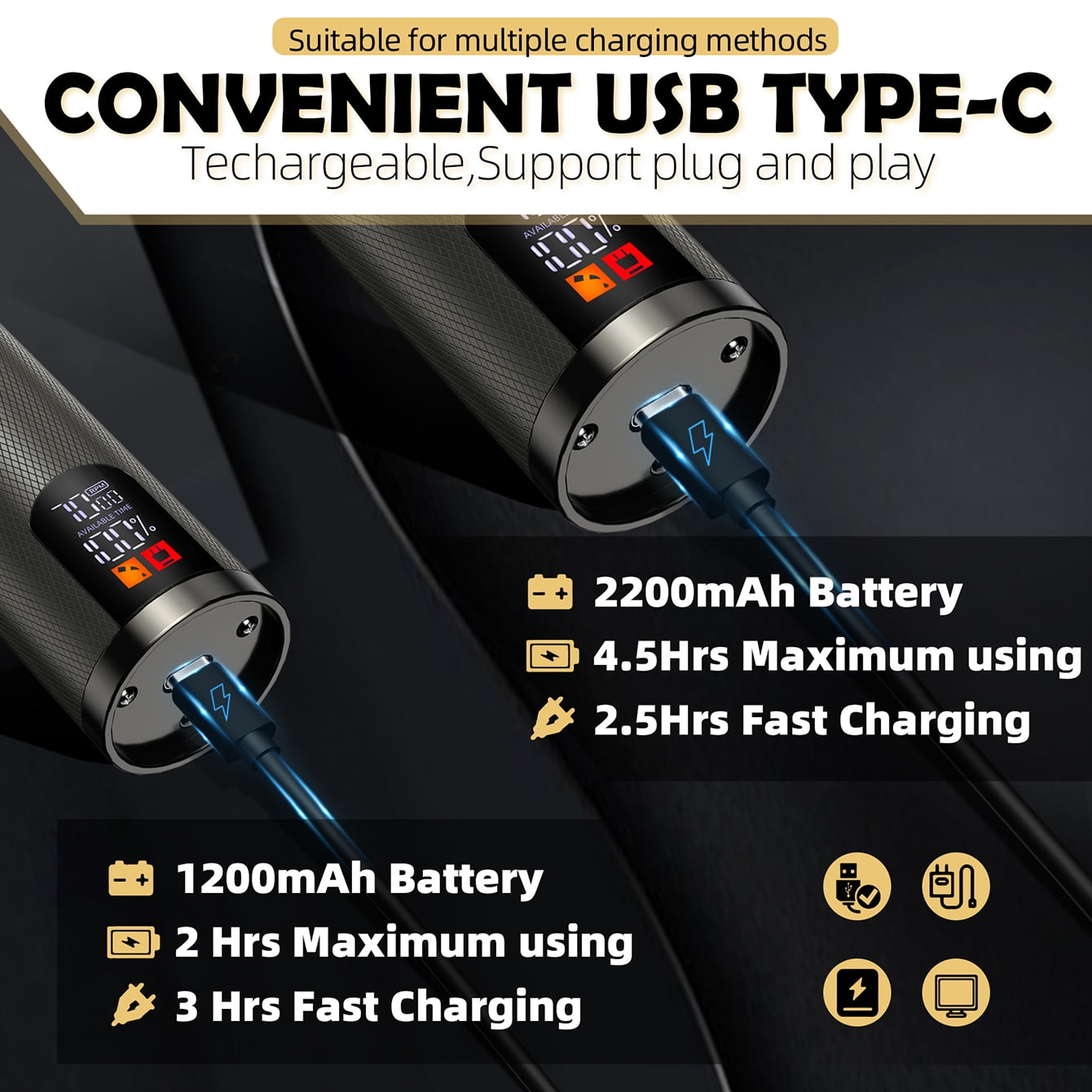 USB Type-C wiederaufladbares Gerät mit Digitalanzeige, Akkuspezifikationen und Schnellladefunktion.