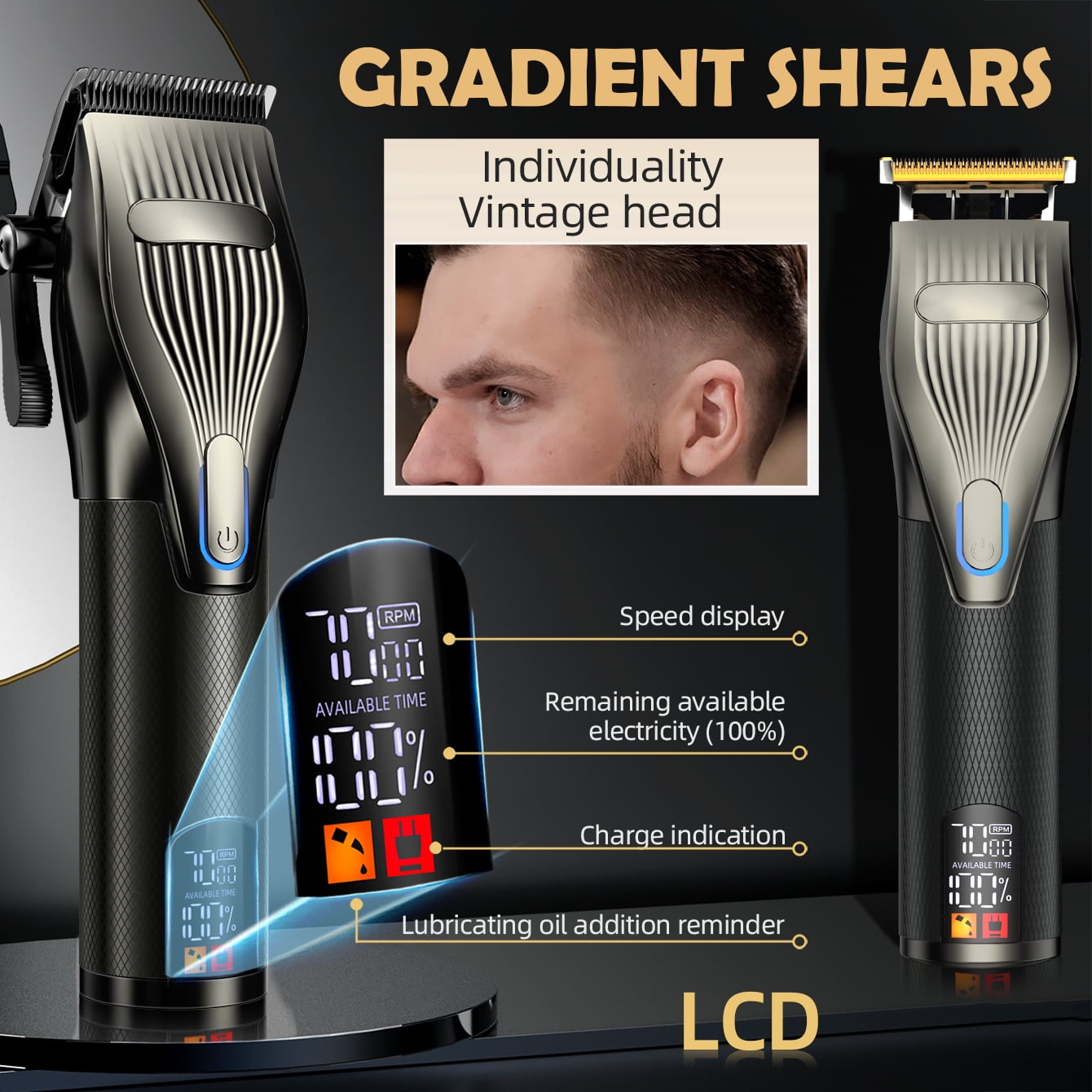 Werbebild für Gradient Shears Haarschneider mit LCD-Anzeige, Geschwindigkeitsanzeige und Akku-Status.