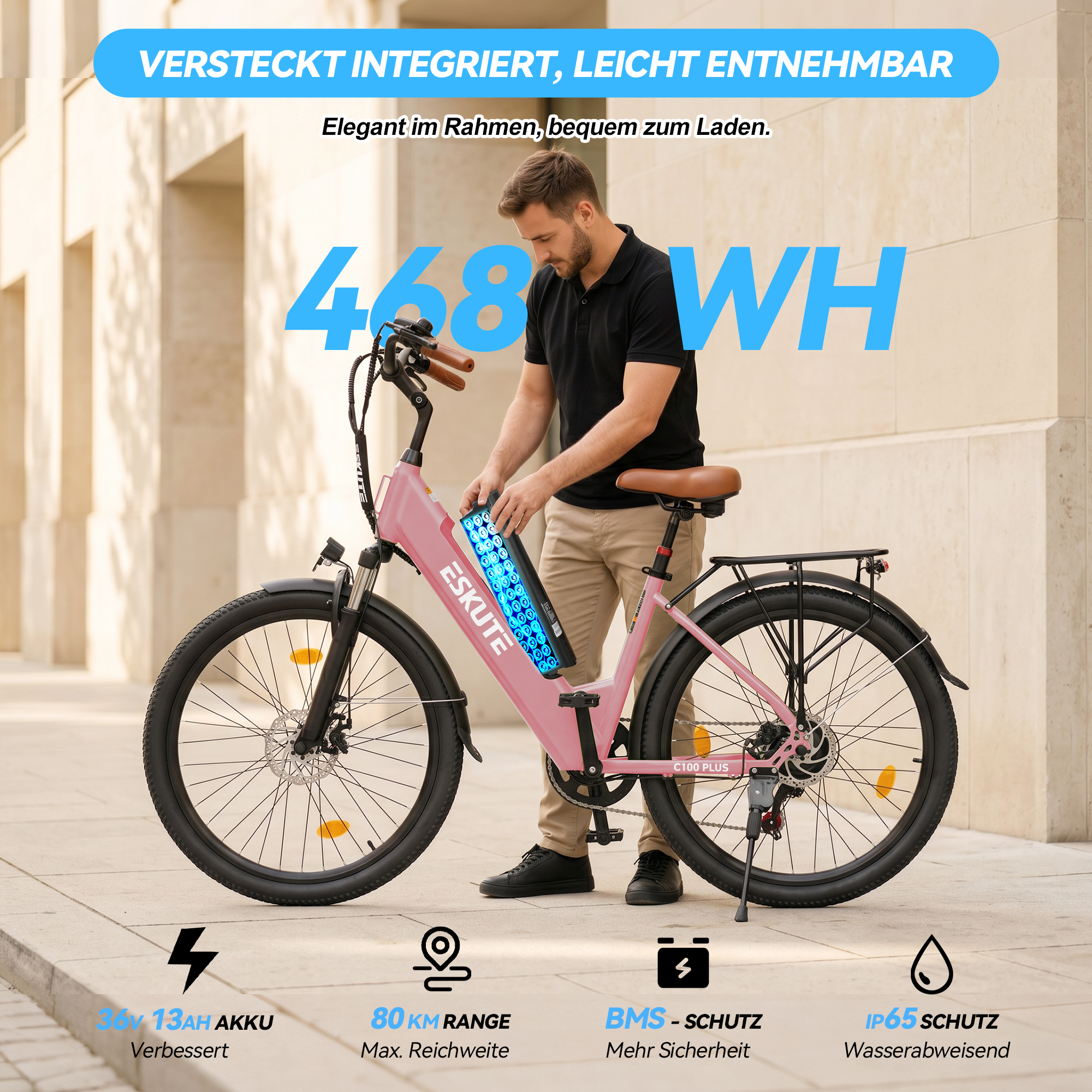 Ein Mann entnimmt den blauen Akku aus dem Rahmen eines pinken Eskute E-Bikes.
