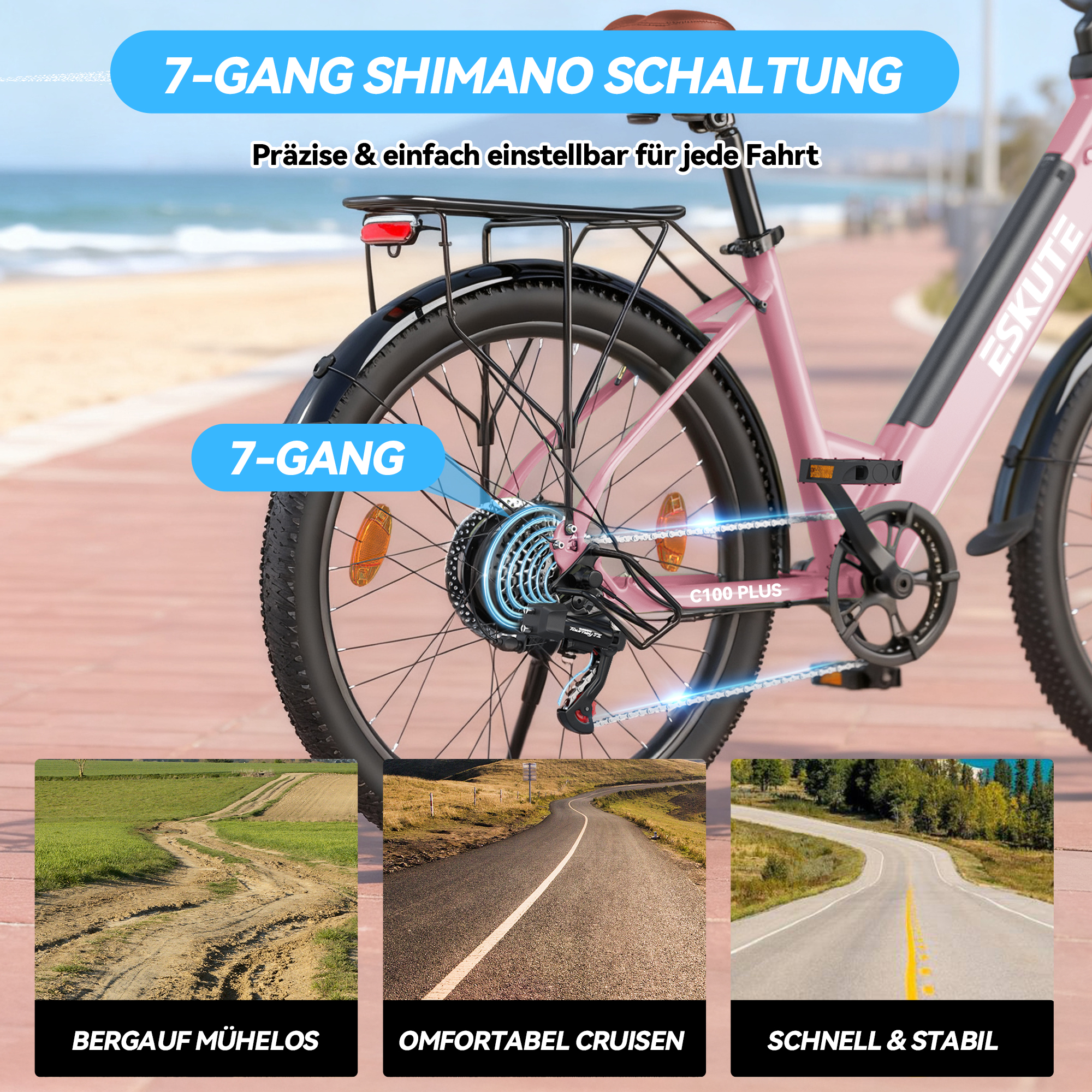 Rosa E-Bike am Strand mit 7-Gang-Shimano-Schaltung für verschiedene Wege.