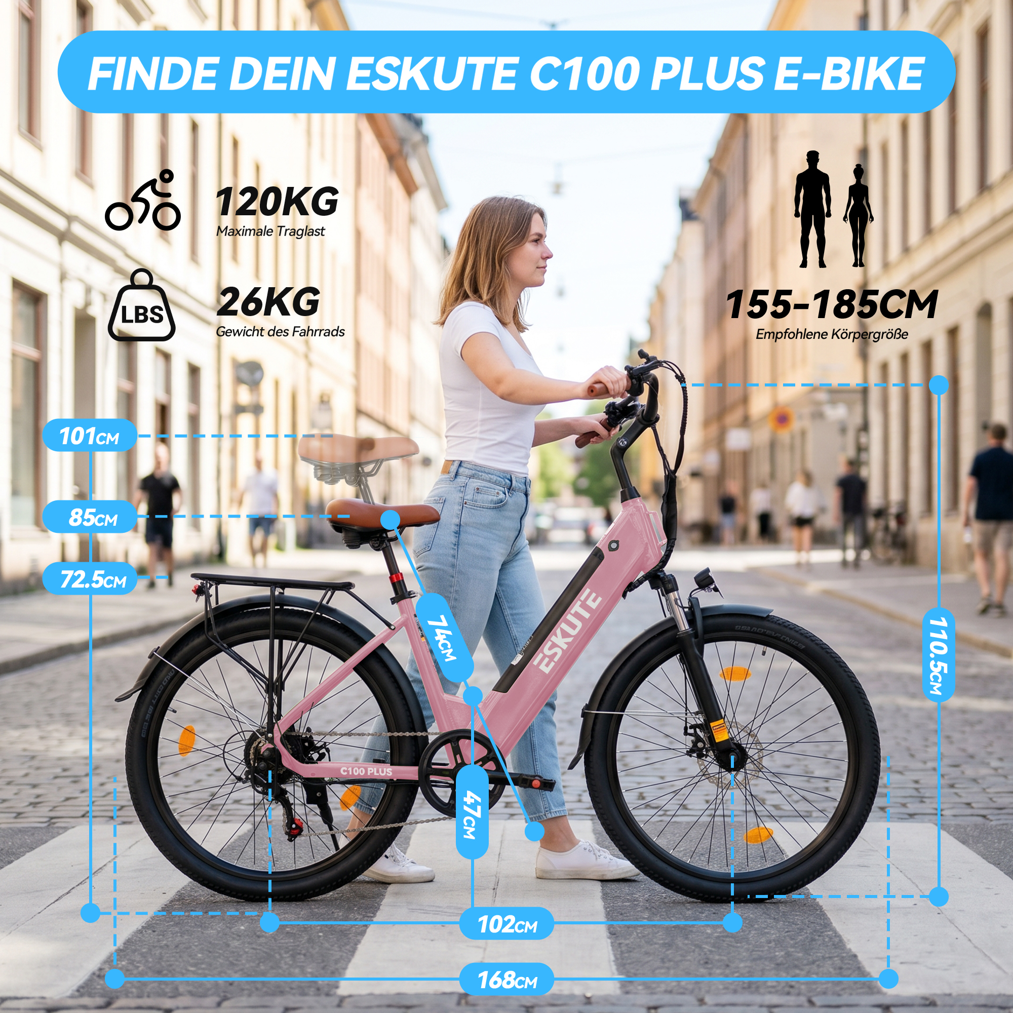 Eine Frau geht mit einem rosa Eskute C100 Plus E-Bike auf Kopfsteinpflaster, mit eingeblendeten Maßen.
