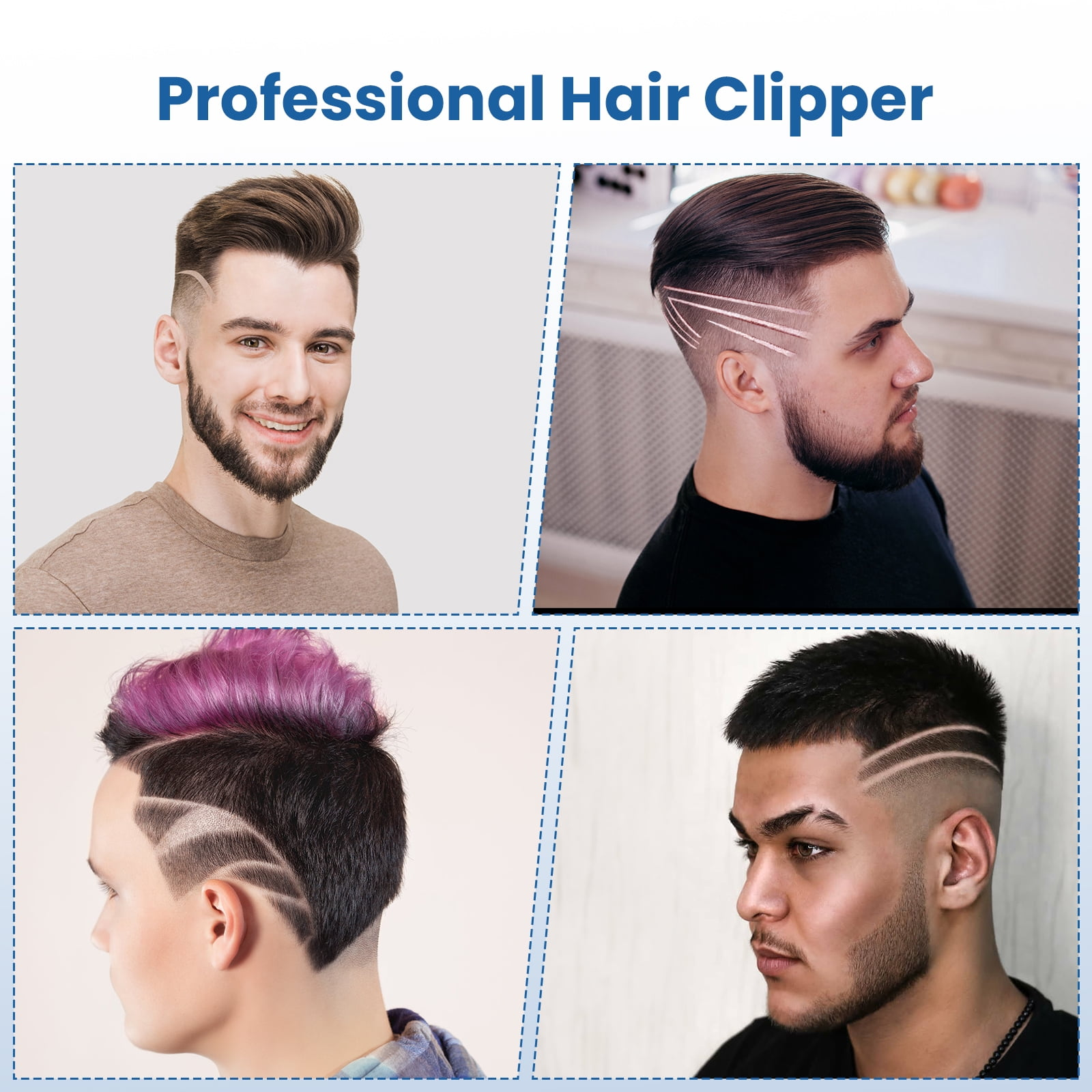 Vier Männer zeigen verschiedene professionelle Haarschnitte mit rasierten Mustern.
