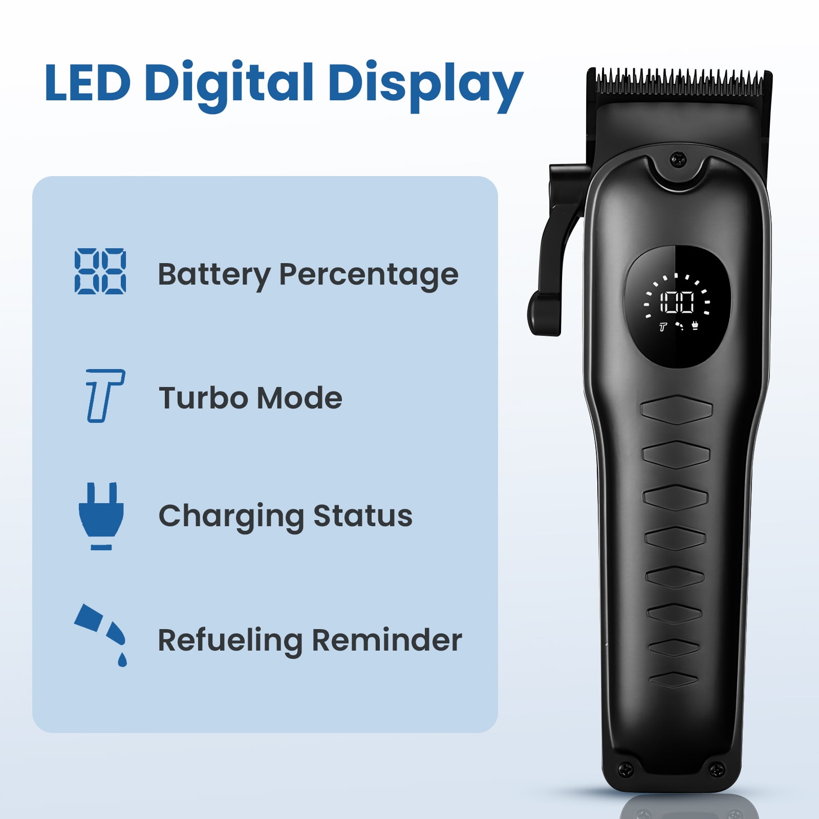 Schwarze Haarschneidemaschine mit LED-Digitaldisplay für Akku, Turbo, Laden und Ölen.