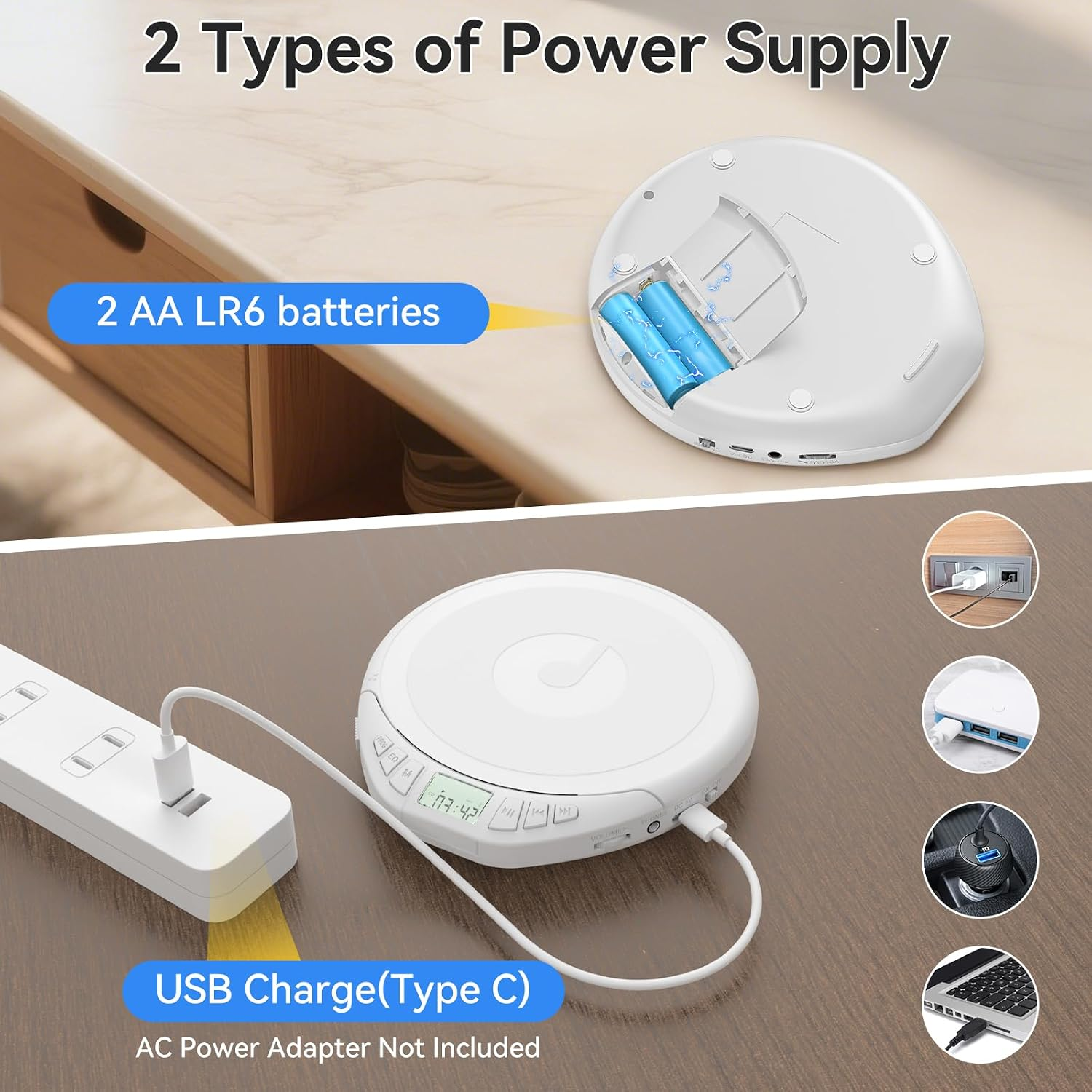 Ein weißer CD-Player zeigt zwei Stromversorgungsoptionen: zwei AA-Batterien oder USB-Typ-C-Kabel.