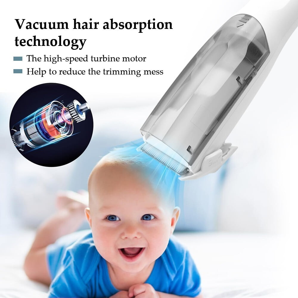 Ein lächelndes Baby, während ein weißer Haarschneider mit Vakuumtechnologie verwendet wird.