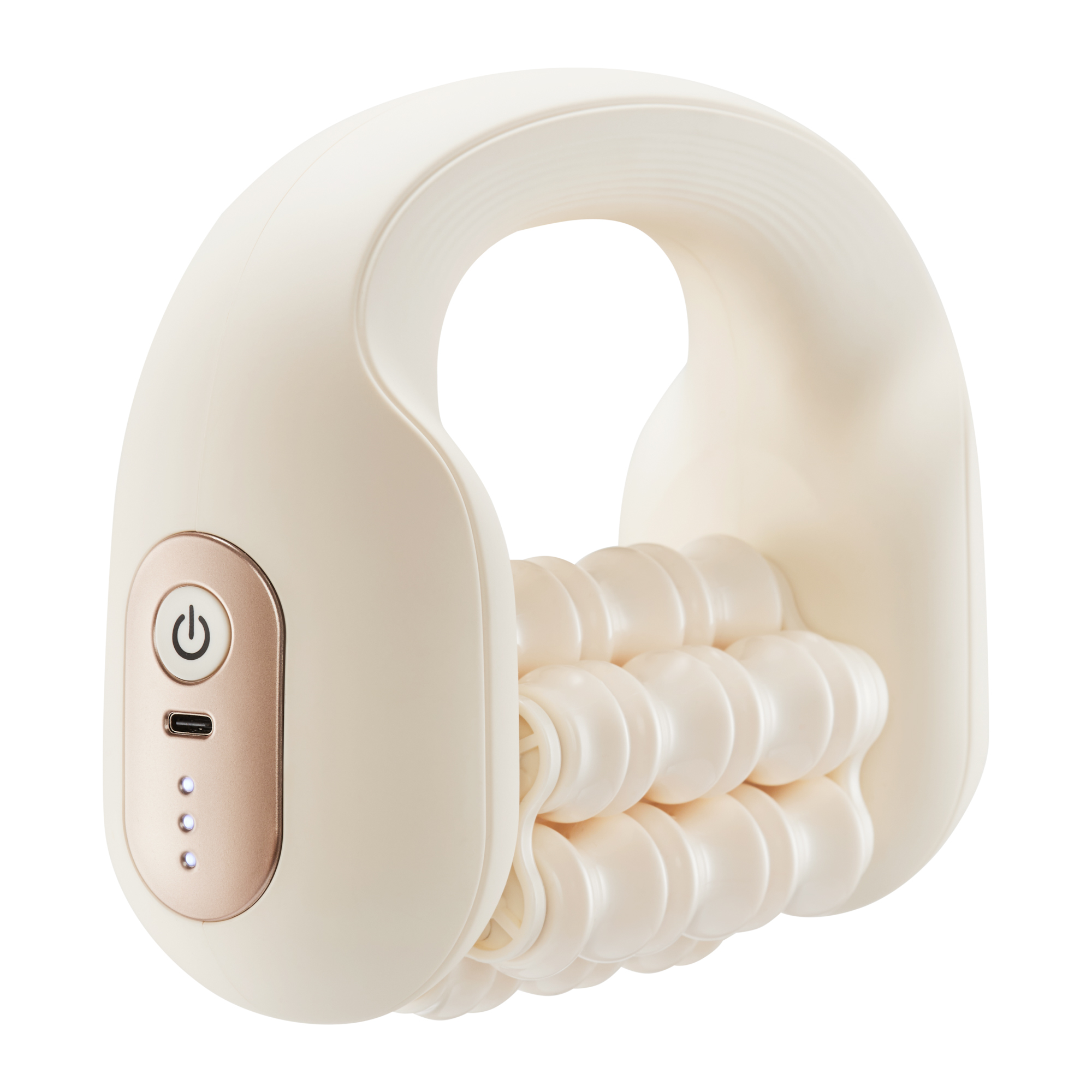 Ein beiger Handmassagegerät mit strukturierten Rollen und einem Bedienfeld mit Ein-Aus-Taste und USB-Anschluss.