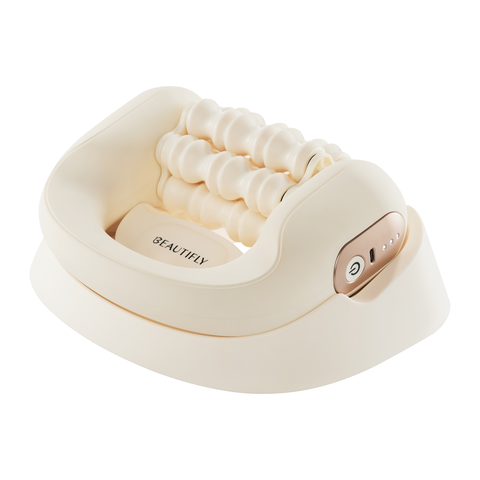 Beige Beautifly Fußmassagegerät mit gewellten Rollen und Ein-Knopf-Bedienung auf weißem Hintergrund.