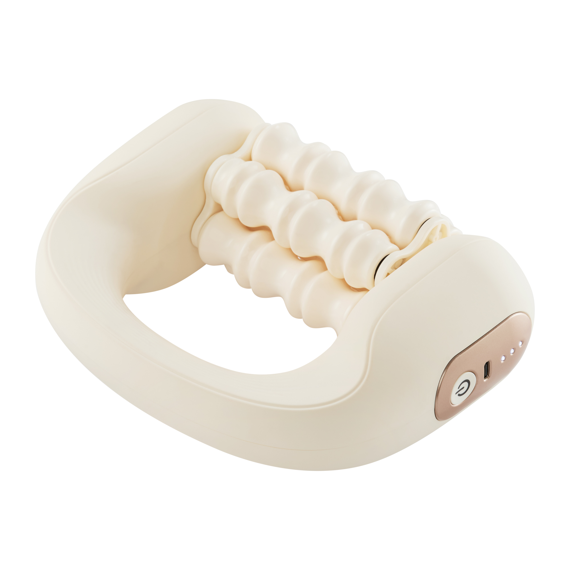 Ein beiger Hand-Körpermassager mit drei strukturierten Rollenreihen und einem Einschaltknopf auf weißem Hintergrund.