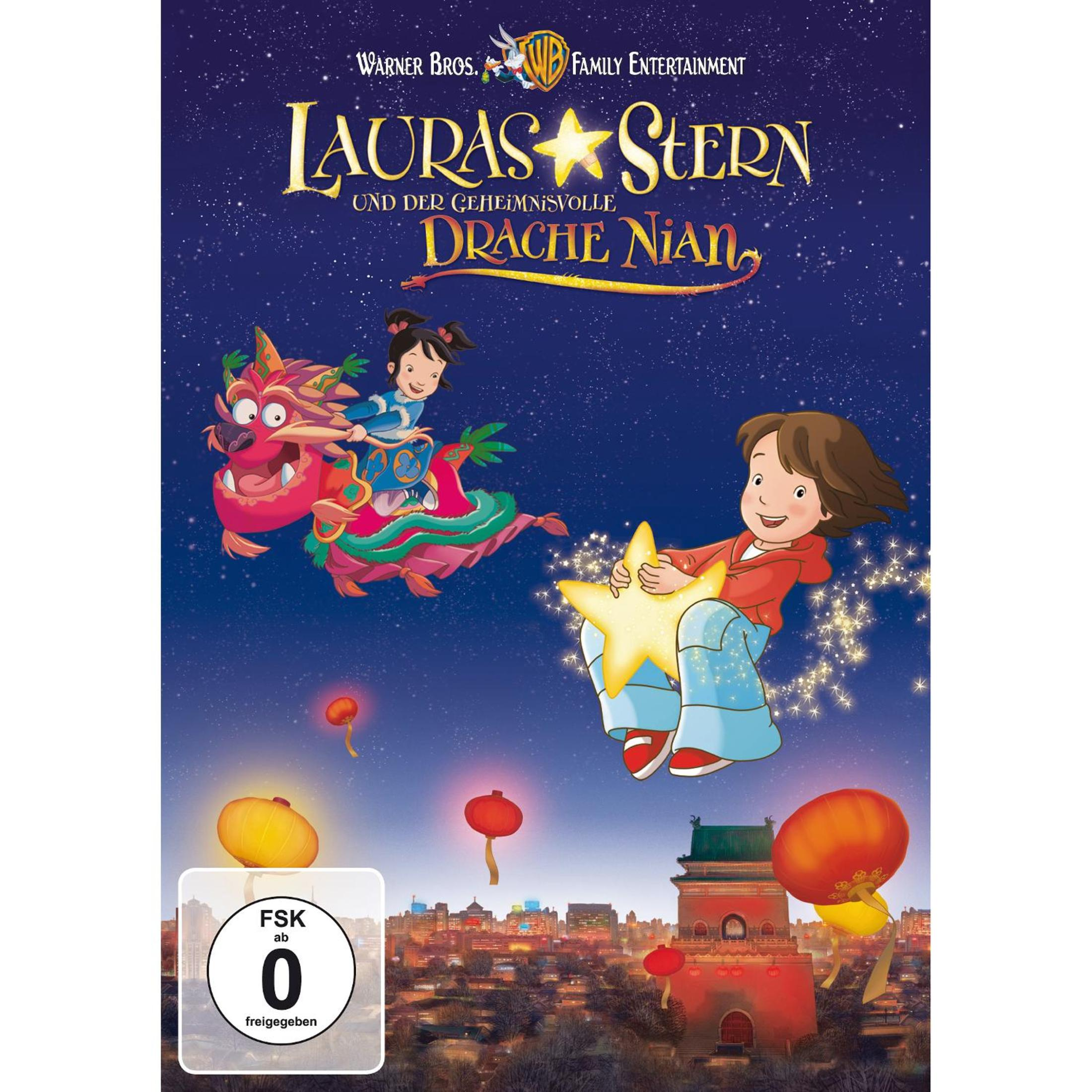 Laura und eine Freundin fliegen auf einem roten Drachen und einem glänzenden Stern über eine Stadt bei Nacht.