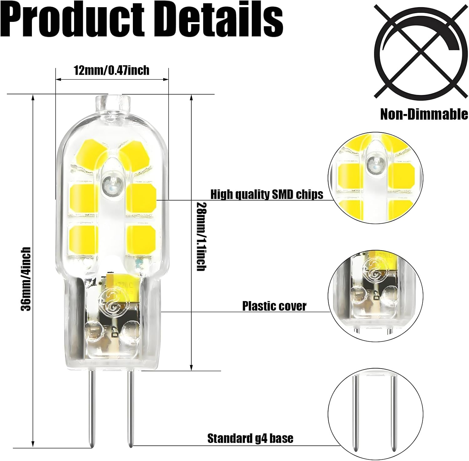 Technische Zeichnung einer G4 LED-Lampe mit Maßen, SMD-Chips und dem Hinweis 'Non-Dimmable'.