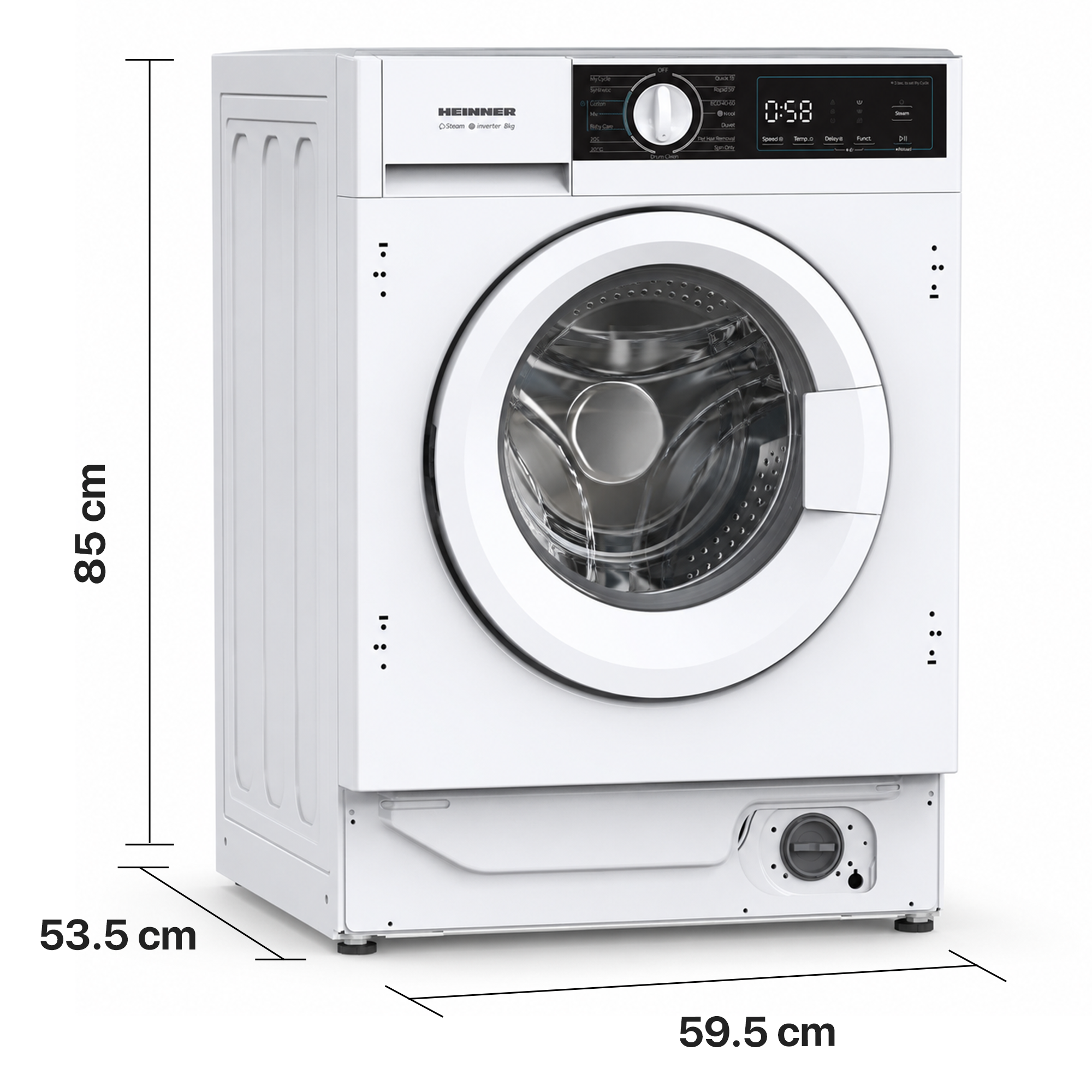 Lave-linge blanc Heinner avec dimensions : 85 cm de haut, 59,5 cm de large et 53,5 cm de profondeur.