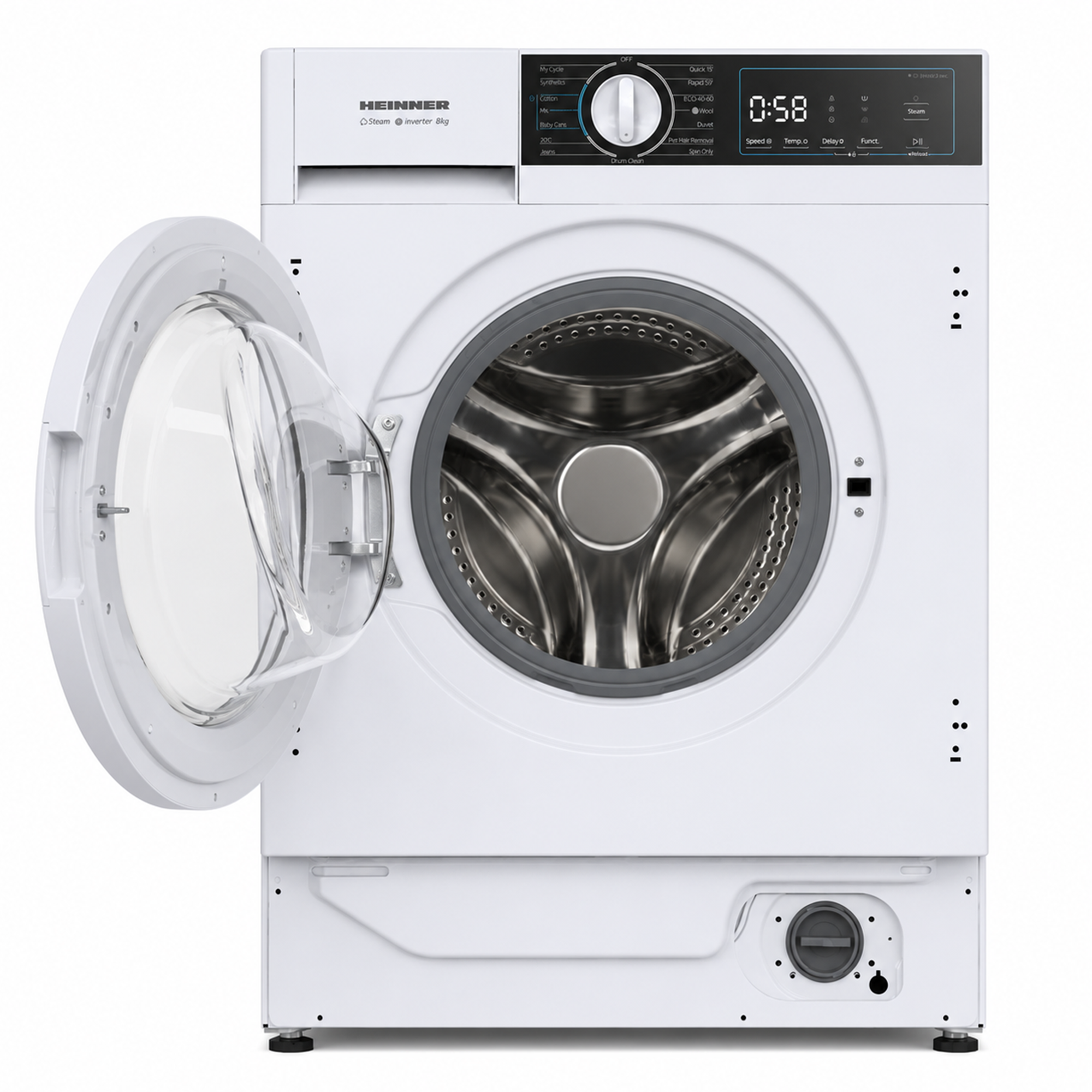Un lave-linge blanc Heinner avec la porte ouverte, montrant le tambour en acier inoxydable sur fond blanc.