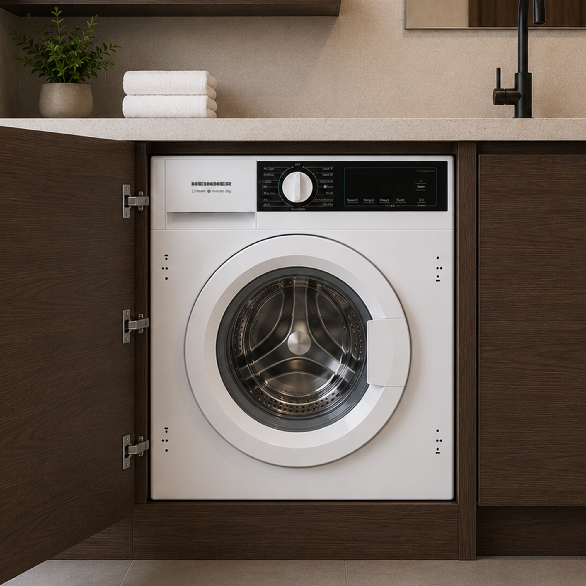 Un lave-linge blanc est encastré dans un meuble en bois foncé sous un plan de travail beige avec des serviettes blanches pliées et une plante.