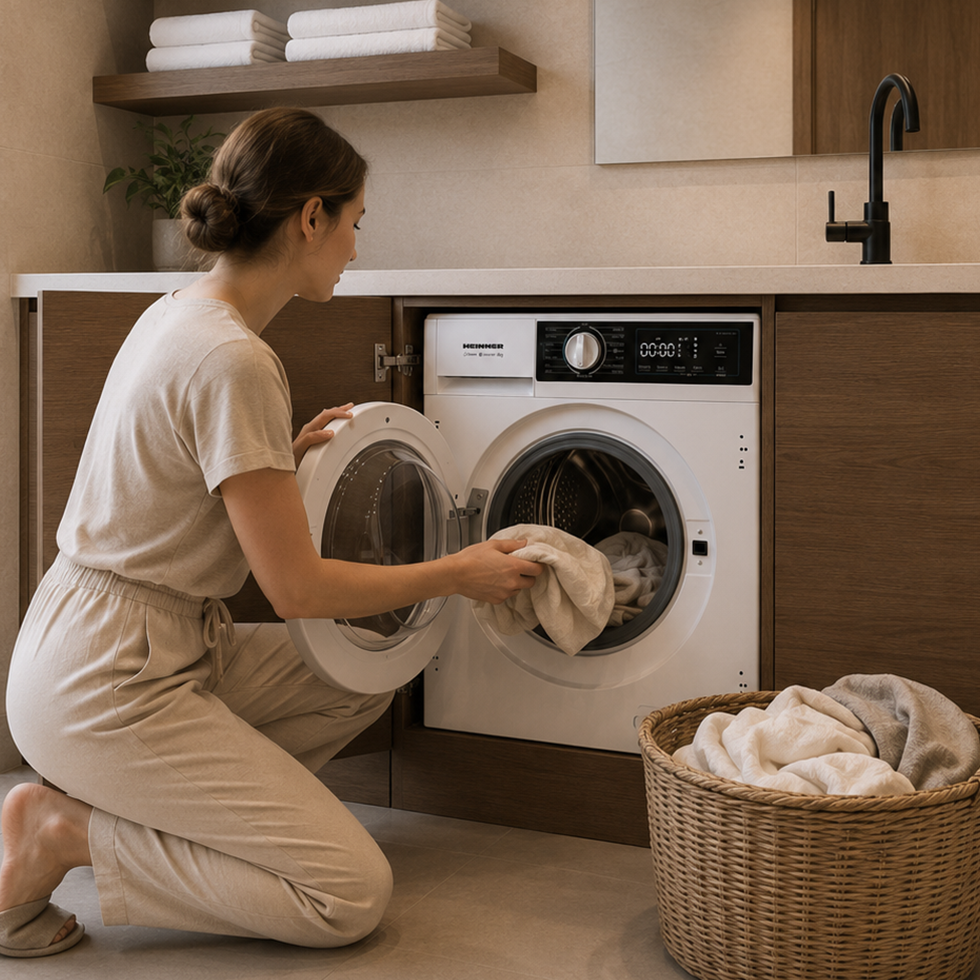 Une femme en vêtements clairs s'agenouille près d'un lave-linge blanc pour charger du linge.