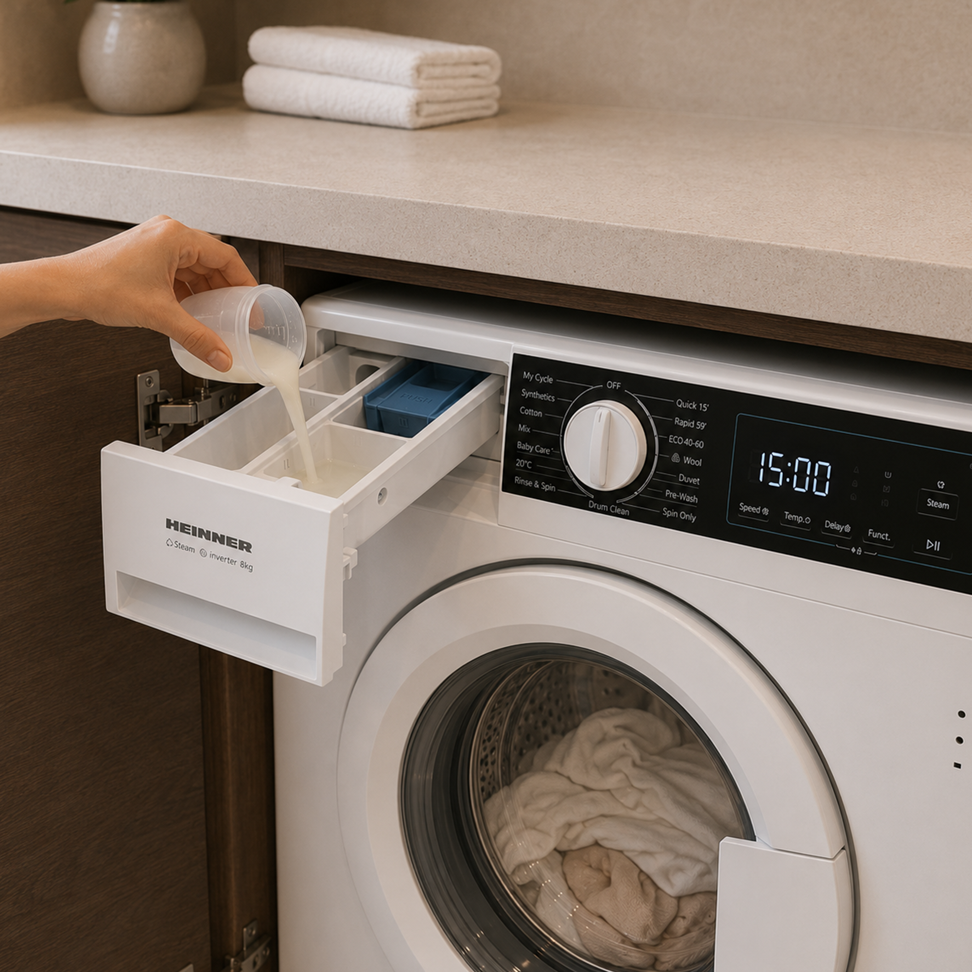 Une main verse de la lessive liquide d'un gobelet doseur dans le tiroir à produits ouvert d'un lave-linge blanc.