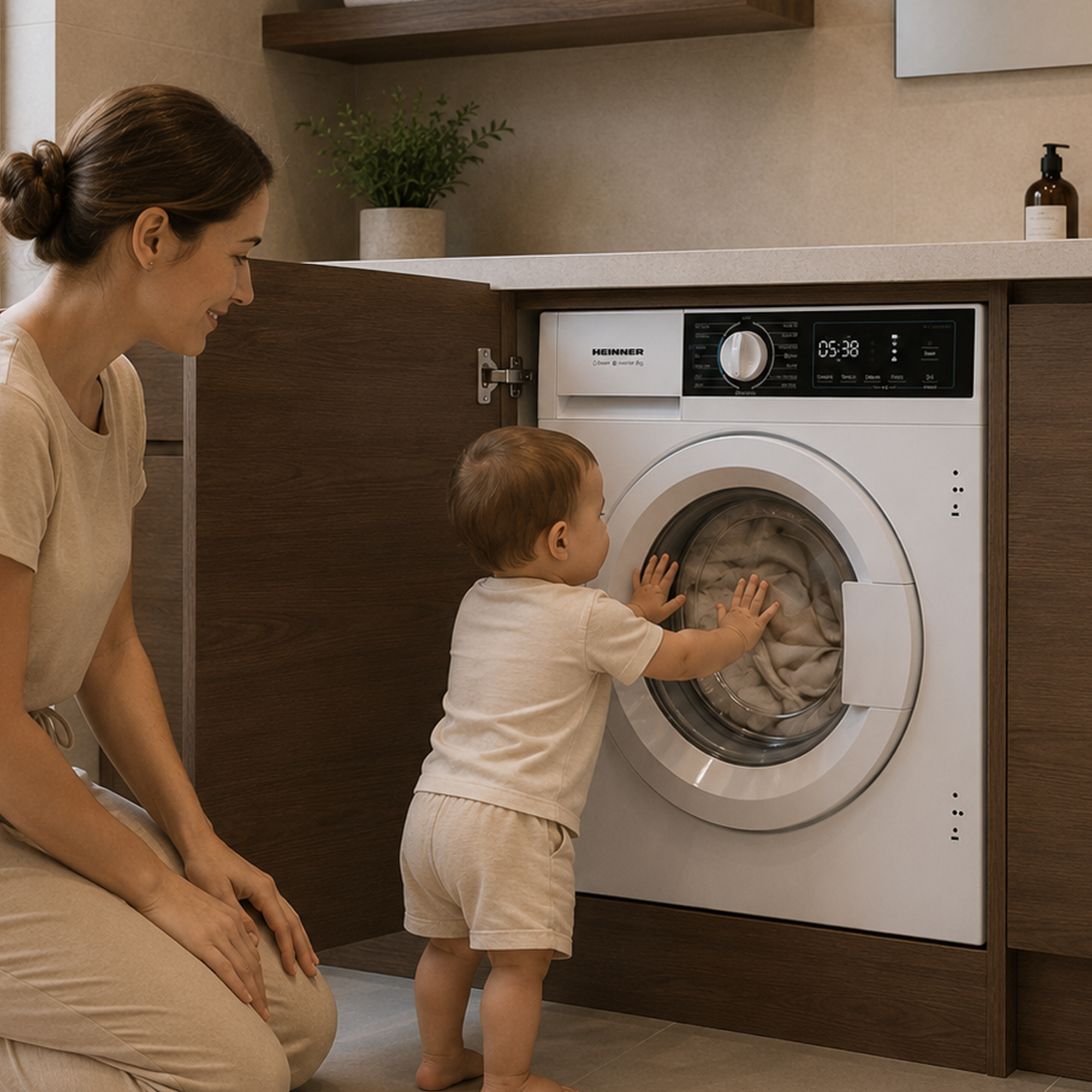 Une mère sourit pendant que son tout-petit touche la vitre d'un lave-linge blanc dans une cuisine.