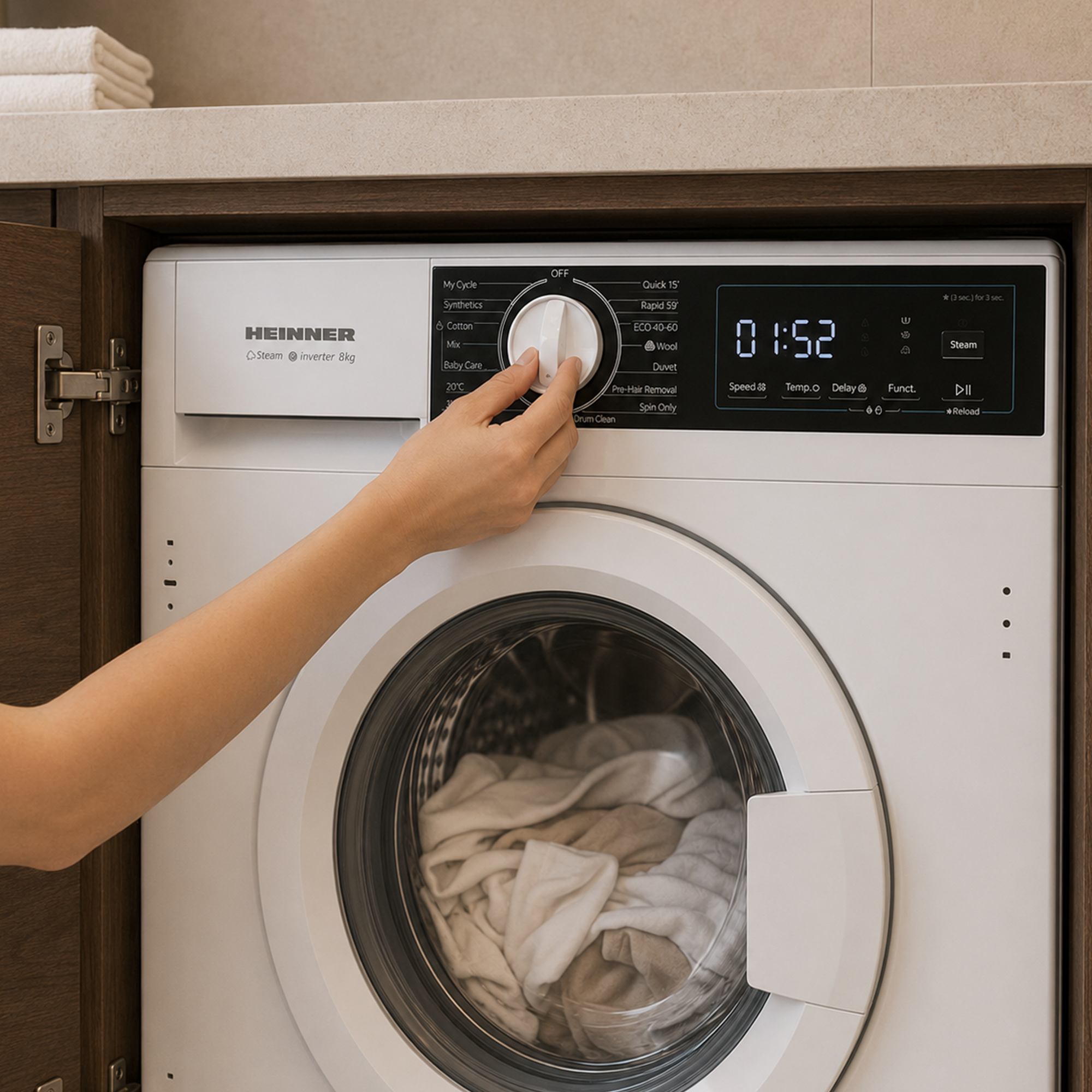 Une main tourne le sélecteur d'un lave-linge blanc avec du linge dans le tambour.