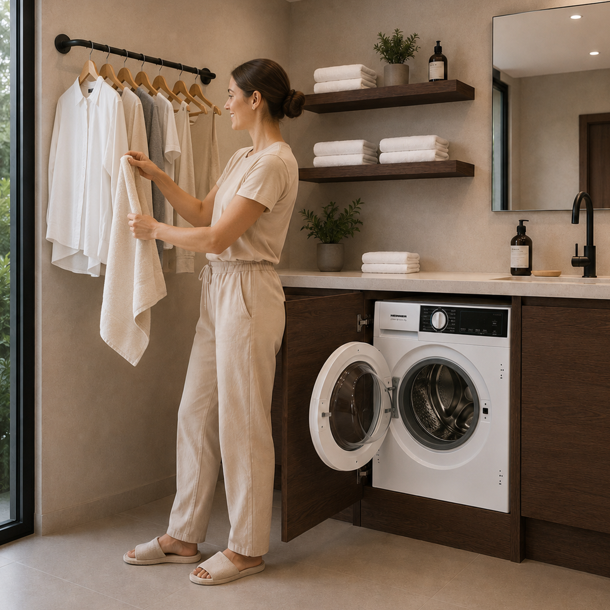 Une femme en tenue confortable accroche une serviette blanche près d'un lave-linge.