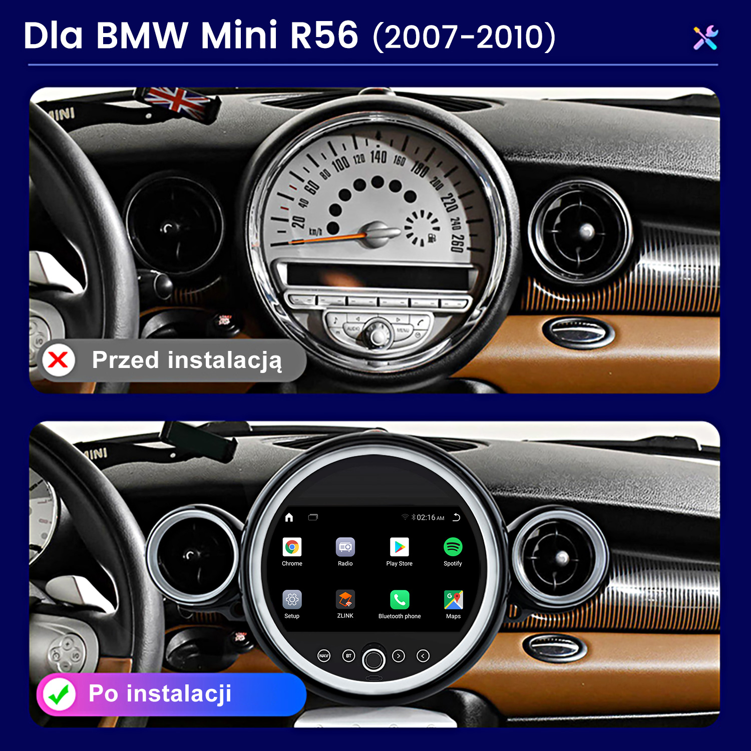 Porównanie konsoli środkowej BMW Mini R56 przed i po instalacji okrągłej nawigacji dotykowej.