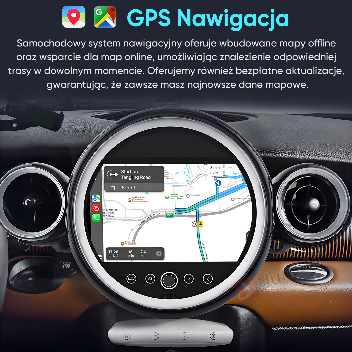 Deska rozdzielcza samochodu z okrągłym ekranem dotykowym wyświetlającym mapy nawigacji GPS.