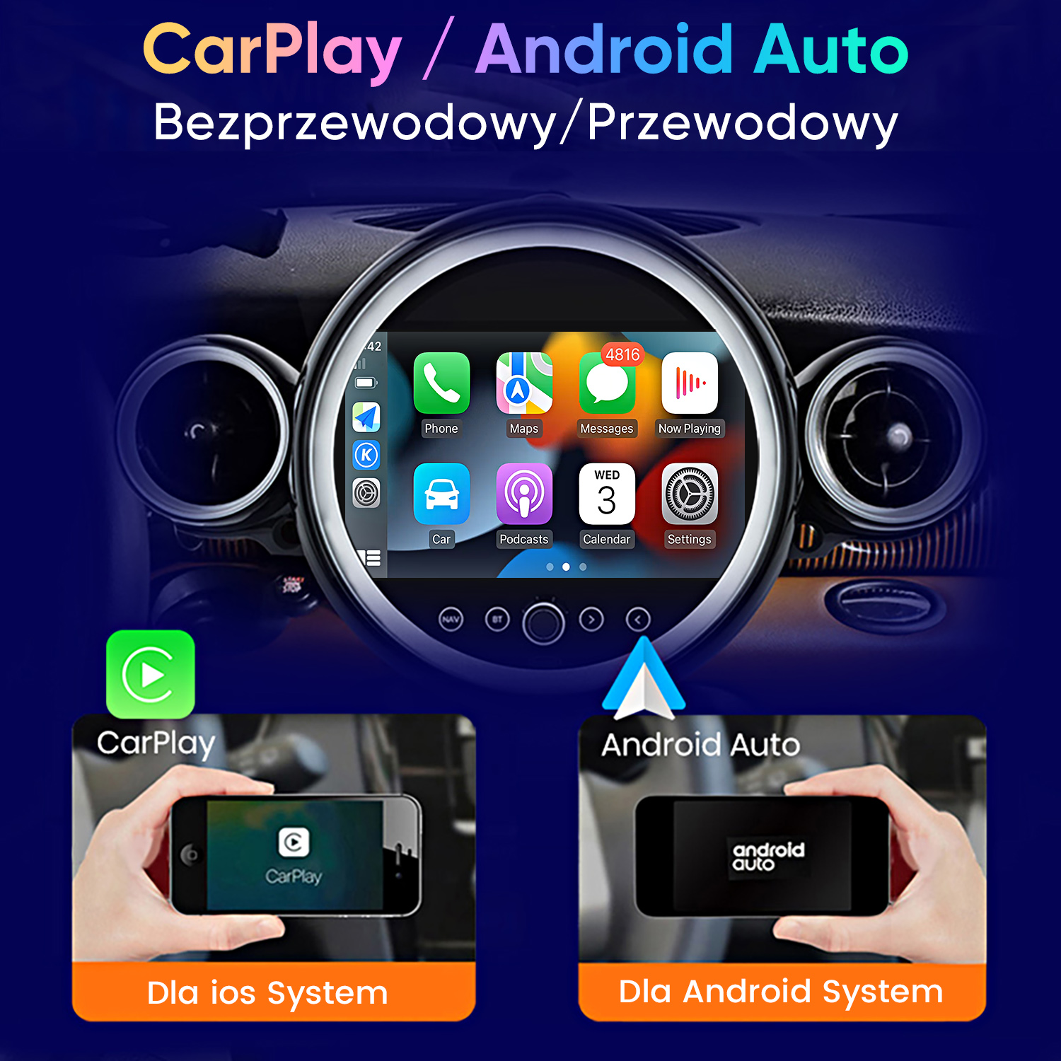 Wyświetlacz samochodowy z ikonami CarPlay i Android Auto wewnątrz pojazdu.