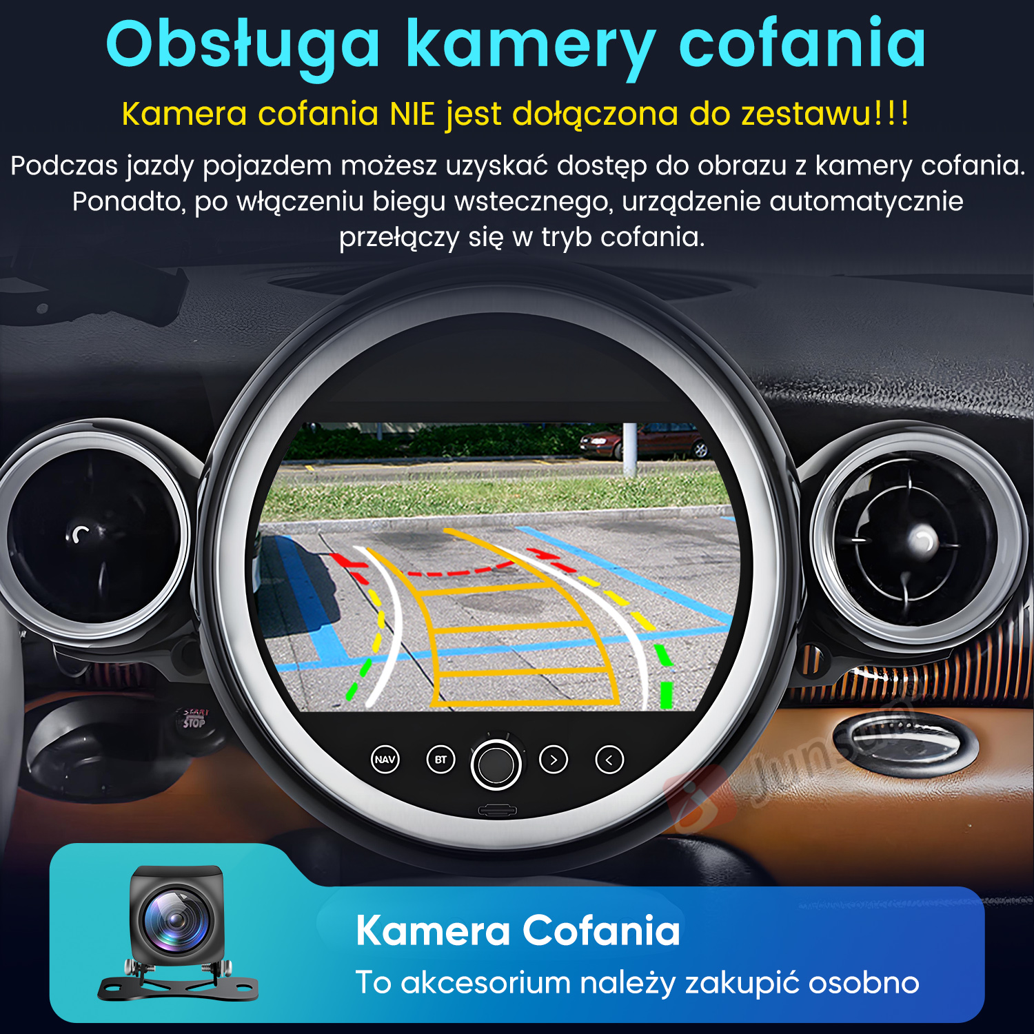 Wyświetlacz samochodowy pokazuje widok kamery cofania z kolorowymi liniami parkowania.