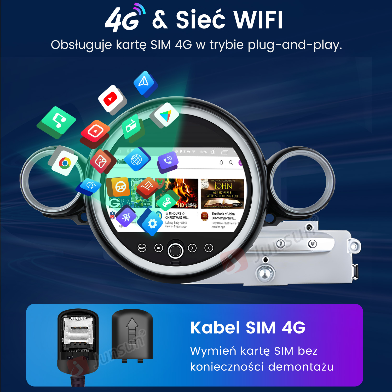 Radio samochodowe z ikonami 4G i WiFi, aplikacjami oraz kablem SIM.