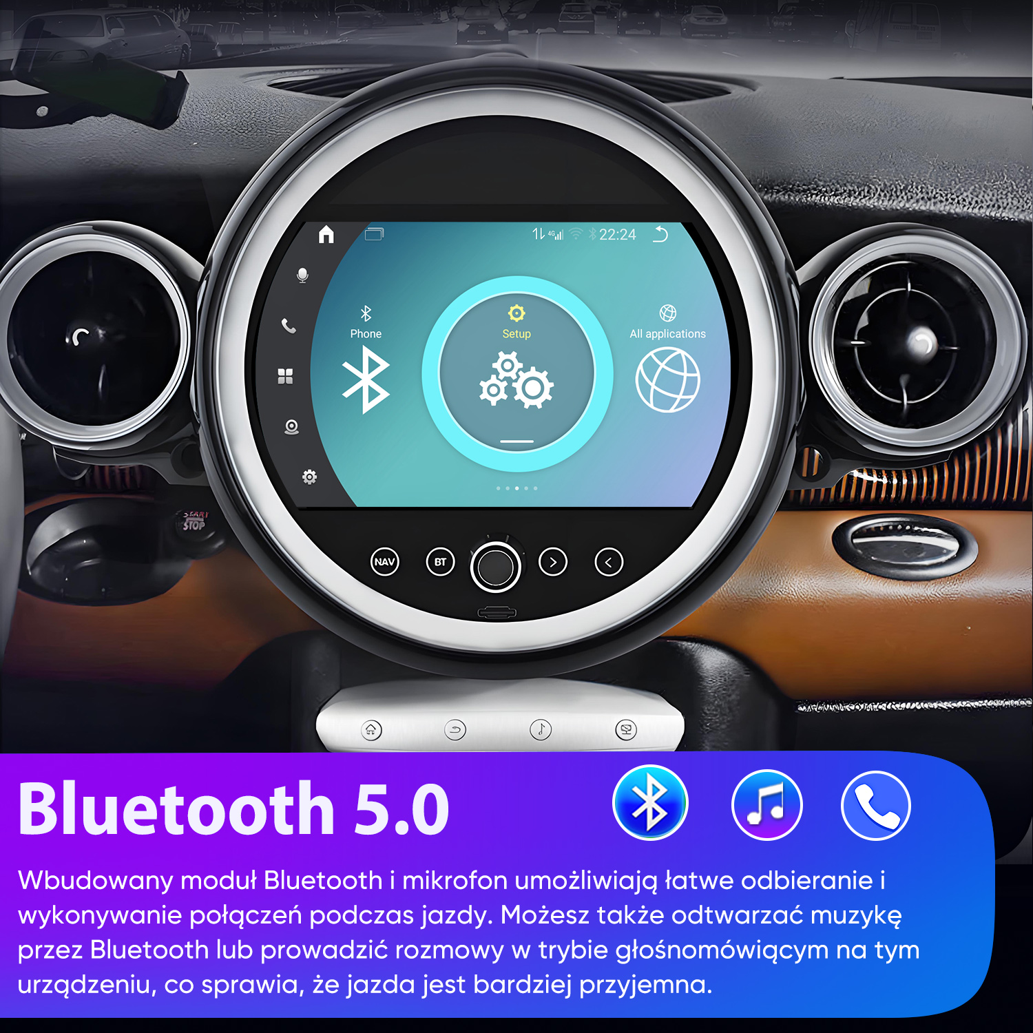 Okrągły ekran systemów informacyjno-rozrywkowych w samochodzie z menu Bluetooth i ustawień.