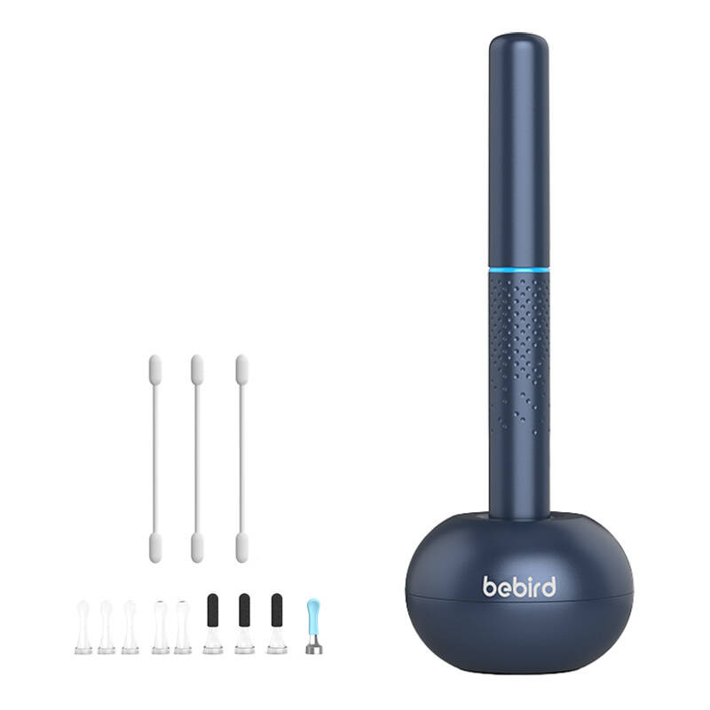 Un pulisciorecchie blu Bebird con base di ricarica e vari puntali intercambiabili su sfondo bianco.