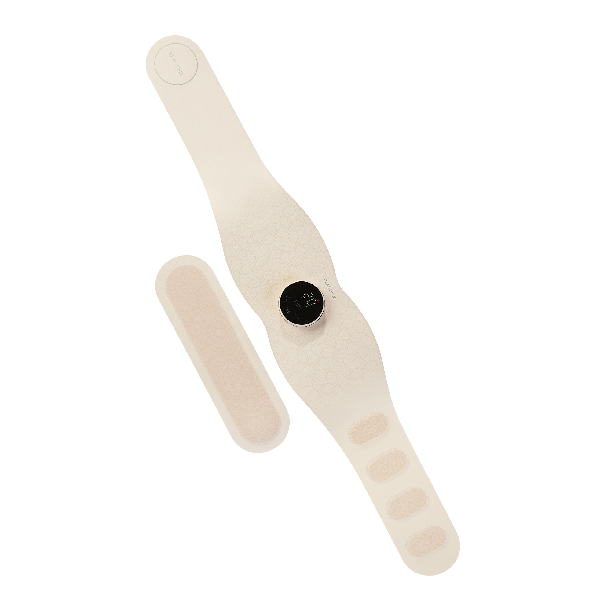 Beige, länglicher EMS-Bauchgurt mit einem runden digitalen Display in der Mitte und einem separaten Patch auf weißem Grund.