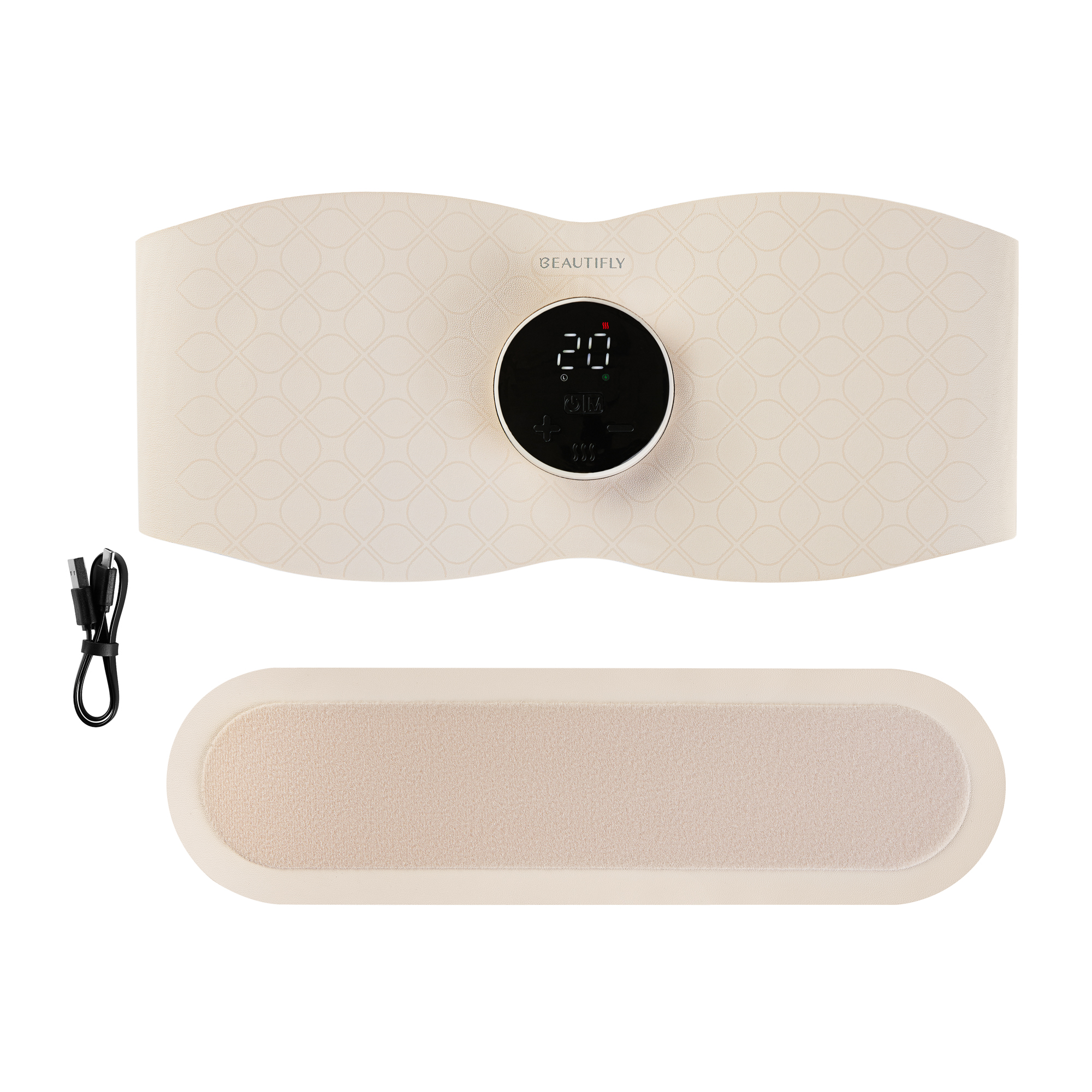 Beige Beautifly Bauchmuskel-Stimulator mit Display, Pad und schwarzem USB-Kabel auf weißem Grund.
