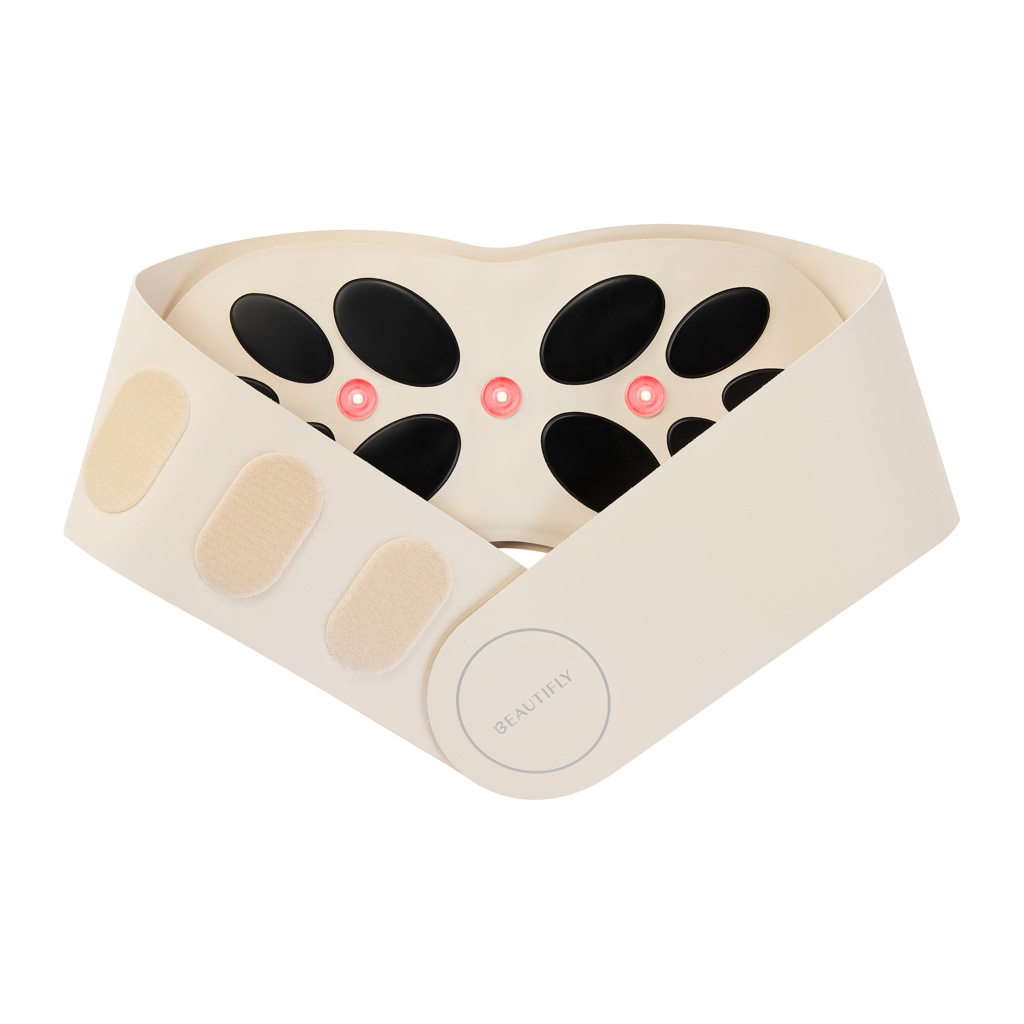 Beige Beautifly Massagegürtel mit schwarzen Elektrodenpads und drei roten Leuchtkörpern vor weißem Hintergrund.