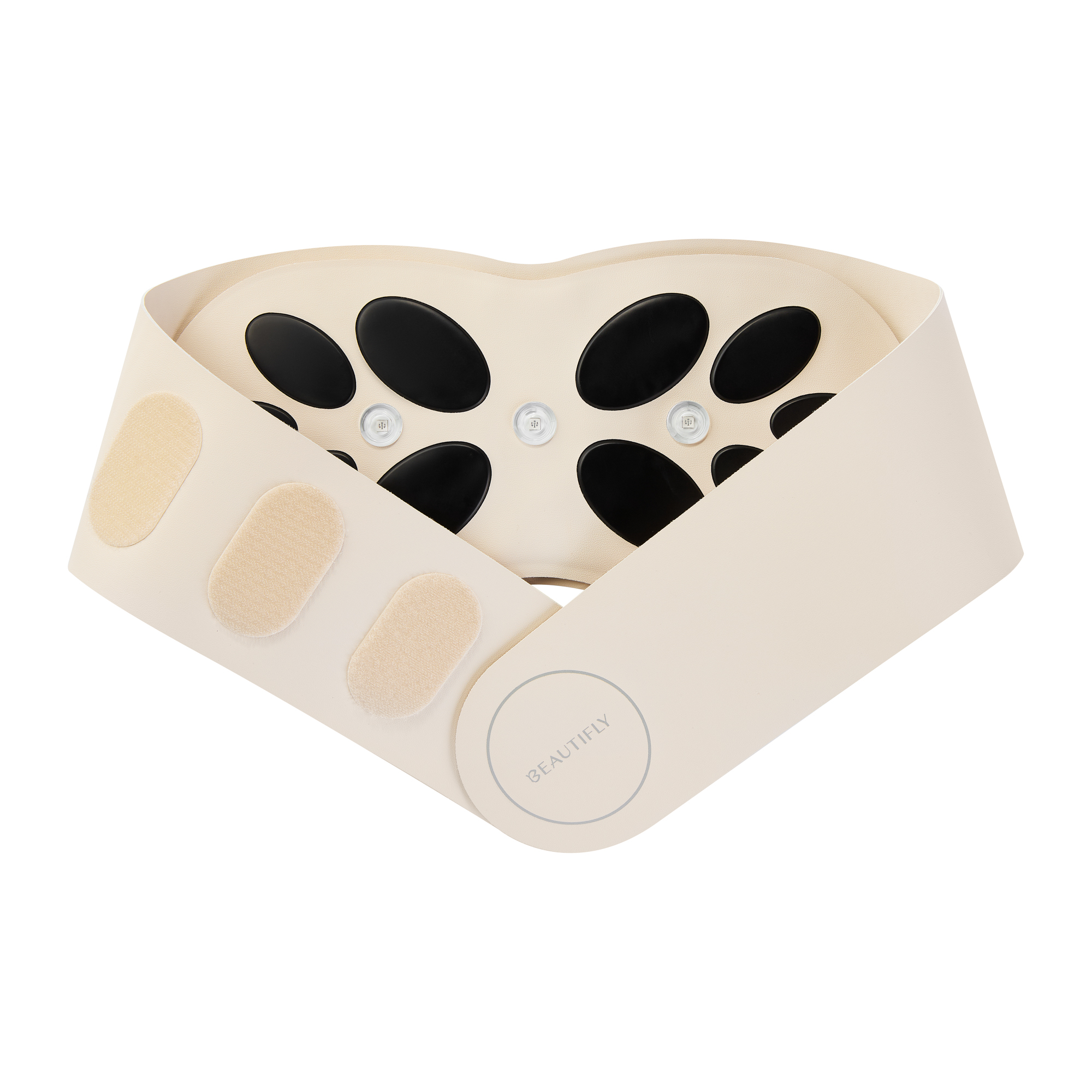 Beautifly Nackenmassagegürtel in Beige mit schwarzen Elektrodenpads und LED-Lichtern auf weißem Hintergrund.