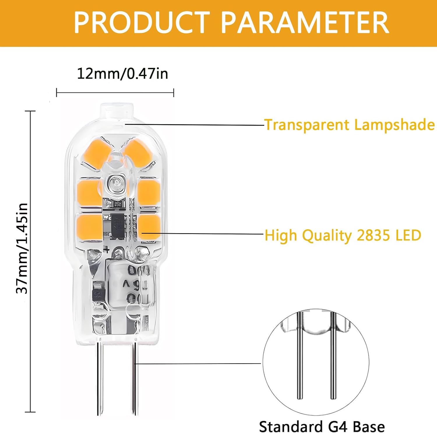 Diagramm einer G4-LED-Lampe mit Größenangaben von 12 mm Breite und 37 mm Höhe, sowie transparentem Gehäuse.