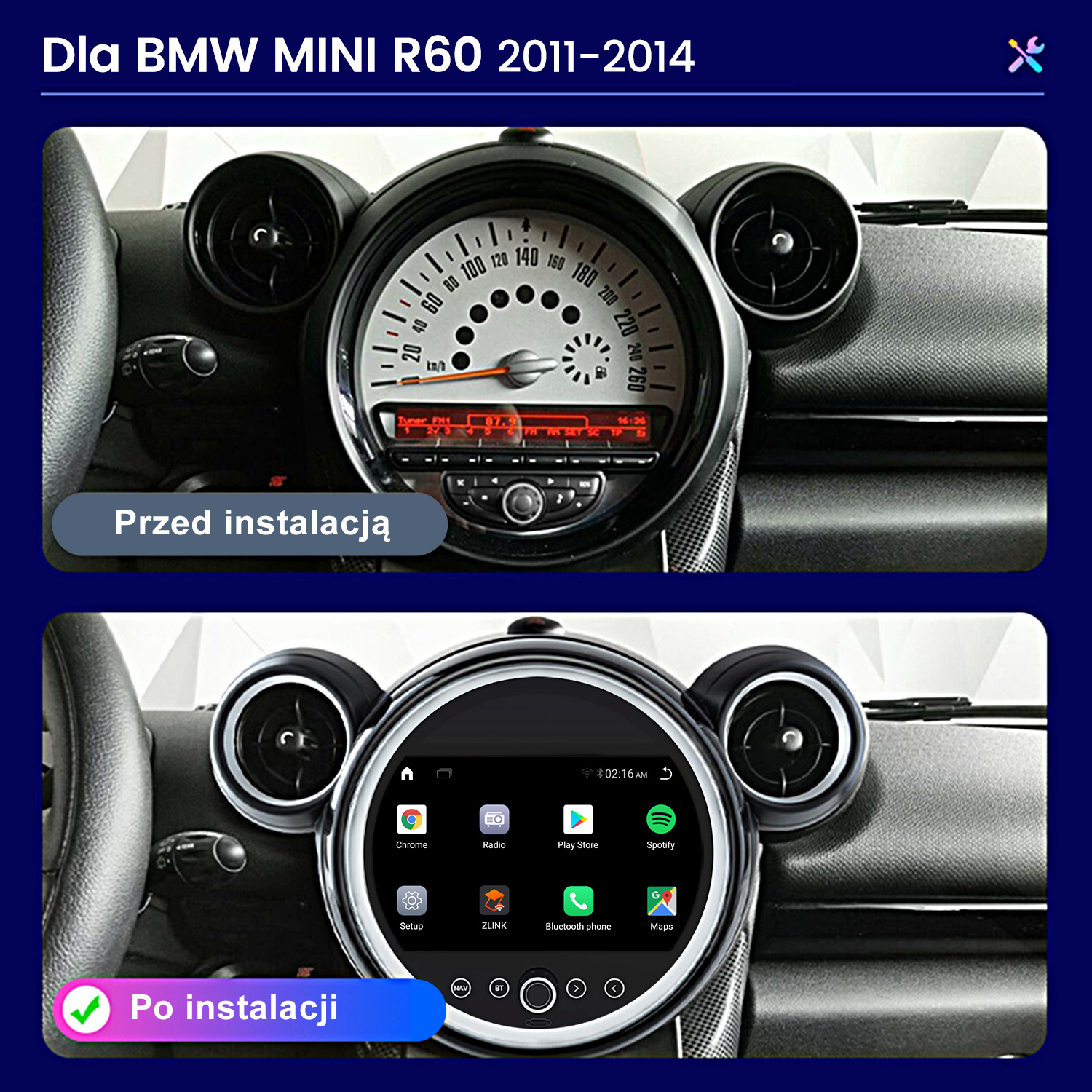 Porównanie konsoli środkowej BMW MINI R60 przed i po instalacji nowego multimedialnego systemu ekranowego.