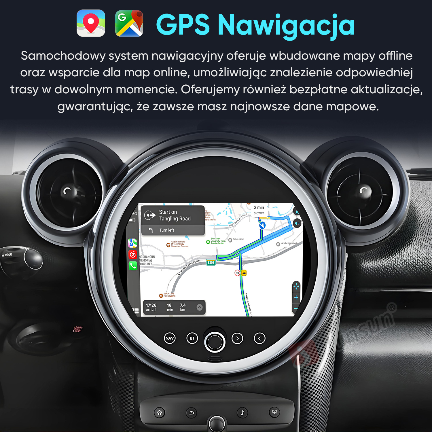 Wnętrze samochodu z okrągłym ekranem GPS.