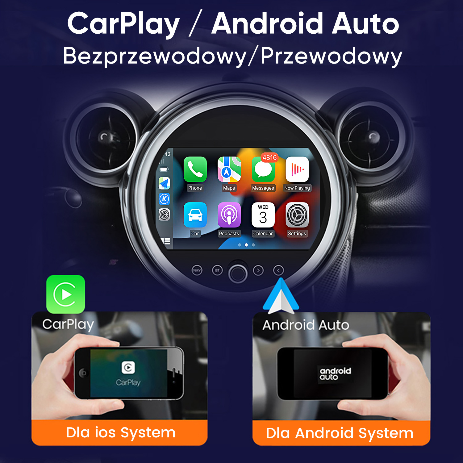Wyświetlacz samochodowy z ikonami CarPlay i Android Auto oraz dłonie trzymające smartfony.