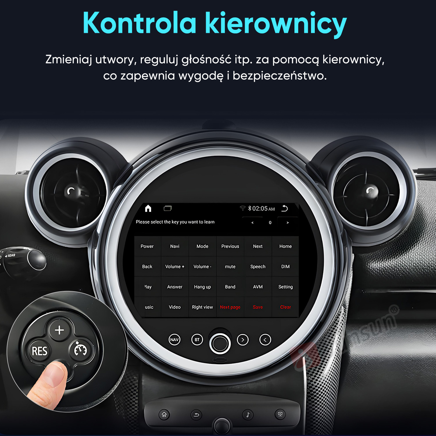 Wnętrze samochodu z okrągłym ekranem i sterowaniem z kierownicy.