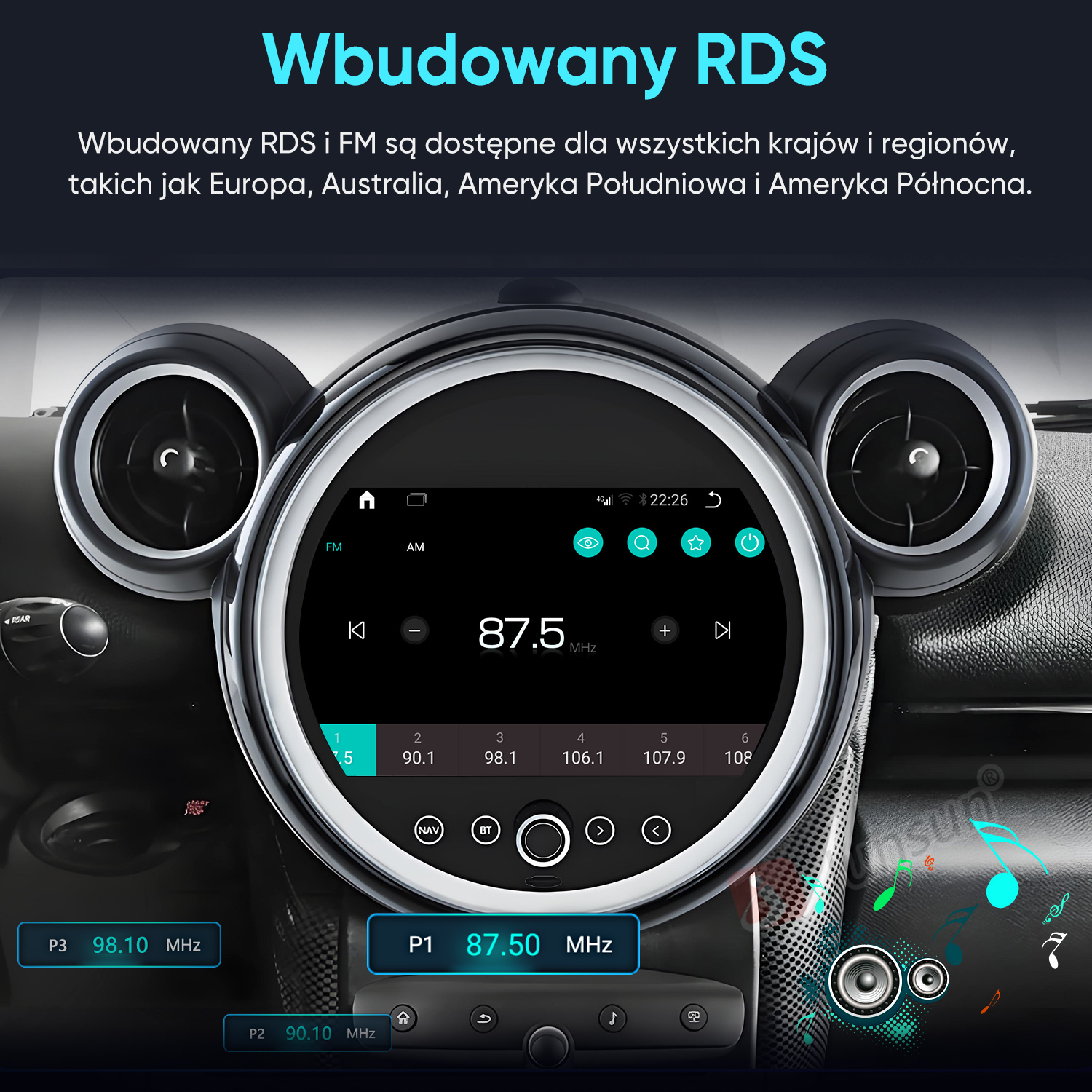Radio samochodowe z dużym okrągłym ekranem, częstotliwością FM 87,5 MHz i nawiewami.
